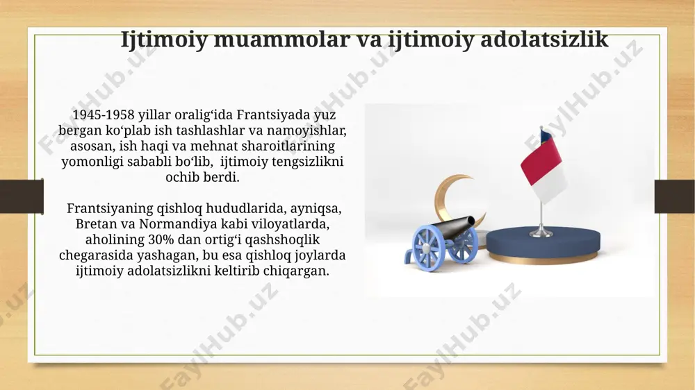 dan ortiq vetnamlik halok boʻldi, bu esa fransiyaning indochina’dagi obro'sini jiddiy ravishda pasaytirdi va mustaqillik harakatlarini kuchaytirdi. taʼlim tizimi va madaniy hayot fransiya madaniy hayotida 1940-yillarning oxiri va 1950-yillar existensializm falsafiy oqimi bilan, jean-paul sartre va albert camus kabi taniqli shaxslarning asarlari bilan ajralib turdi. toʻrtinchi respublika davrida fransiyada 1945 yildan keyin taʼlim tizimini qayta qurishga urinish boʻlib, milliy taʼlim vazirligi tashkil etildi, ammo bu oʻzgarishlar mamlakatning turli mintaqalarida, masalan, parij va qishloq joylarida notekis amalga oshirildi. konstitutsiya muammolari va uning zaif tomonlari konstitutsiyaning prezident lavozimining cheklangan vakolatlari fransiyaning mustamlakachilik imperiyasini boshqarish va mamlakatning birligini saqlashda qiyinchiliklar tugʻdirdi, bu esa 1950-yillar oxirida aljir urushini keltirib chiqardi. toʻrtinchi respublikaning konstitutsiyasi parlamentning haddan tashqari kuchiga ega boʻlib, 250 ga yaqin deputatdan iborat milliy assambleya hukumatni osongina agʻdarishi mumkin edi, bu esa siyosiy beqarorlikka olib keldi. fransiya kommunistik partiyasining roli frantsiya kommunistik partiyasi (fkp) 1945-yilgi saylovlarda 26% ovoz to'plab, milliy assambleyada kuchli fraksiyaga …