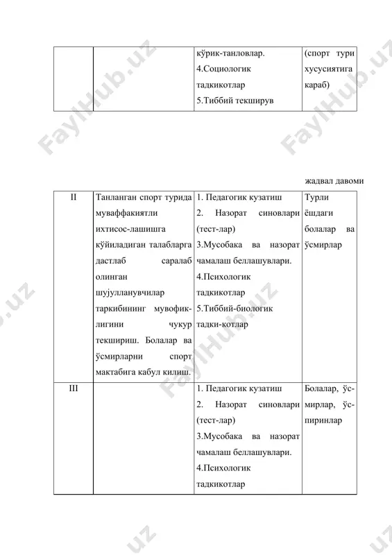 букиб-ёзиш (марта) 6- аъло 4 - яхши 2 - коникарли 0 - ёмон 15- аъло 12 - яхши 8 - коникарли 4 - ёмон турникда ёки халкаларда дахангача тортилиш (марта) 4 аъло 3 - яхши 2 - коникарли 1 - ёмон 6- аъло 5 - яхши 4 - коникарли 2 - ёмон жадвал давоми тўп учун курашиш (гиламда, тиззаларда туриб, тўлдирма тўпни ўзаро ушлашдан, тренер буйруји билан тўпни эгаллаб олиш учун курашиш) шерик билан 3 марта бажарилади. хар бир беллашув вакти ва натижаси кайд килинади. 3 та јалаба - аъло 2 та јалаба - яхши 1 та јалаба - коникарли жадвал давоми 2. 12 ёшдаги ўсмирларнинг эгилувчанлик даражасини никлаш учун тестлар назорат машклари бажариш сифати бахоси полда оёкларни кериб ўтириб, кўллар ён томонларга, бош кўтарилган, орка текисланган холатда олдинга эгилиш 1.кўкрак ва корин полга теккизилади, бош кўтарил-ган, оёклар текис, оёк учлари тортилган аъло 2. орка текис холда (78() олдинга эгилиш …
