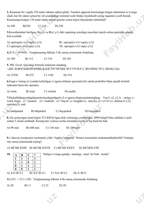 6 bayt b) 48 bayt c) 30 bayt d) 42 bayt 2. шокир записывал все целые числи в 8 системе счисления на этом промежутке[44;63]. а санжар удалил все числи который участвовал цифра 5 найти сумму оставщиеся чисел 8 сист.счис. и переведите найденное число 16 системе счисления.? a) 148 b) 137 c) 137 d) 1122 3. определить минимальный объем памяти , необходимый для хранения 15361280 пиксельного растрового изображения с палитрой из 365 цветов(kbayt). ответ переведите 16 системе счисления? a) 2160 b) 780 c) 870 d) 1920 4. a=“ слово растр означает грабли , плуг . ”, b=“macromedia flash 8 предназначен для создания ячеек с объекта text tool”, fffc=“foxpro – система управления базами данных.” определите вышеследующих результат логических выражений ˥(a˄˥c)˅(˥b˅a)˄˥(˥c˄b)? a) истина b) невозможно определить значения некоторых суждений. c) ложь d) в выражении имеется ошибки . 5. ms excel. пусть a1= –7 , b1=9, b2=4 . найти значения формулы в ячейке a2 …