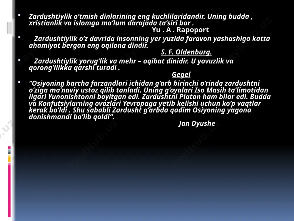 “avesto”da ahura buyuklik va haqqoniyat timsoli. u xudolar va odamlar orasida faqat ezgulik, adolat, mardlik va poklik himoyachisi. ahuramazdaning 6 nafar eng yaqin yordamchilari : 1)vohu manax -- chorva mollari va ezgu fikr xudosi 2) asha vahihsta -- olov va yuksak haqiqat homiysi 3) xshatra varya -- ma’dan va hokimiyat, qudrat homiysi 4)sienta armati -- yer va diyonat homiysi 5) xarvatat -- suv va salomatlik (anahita -- hosildorlik va suv ilohi 6) ameretat -- o’simlik va mangulik homiysi . ahura- mazda bu yordamchilarini muqaddas ruh yordamida yaratgan ular ham ahura-mazda kabi abadiylar. ama – kuch –qudrat va bahodirlik ilohi. u aksariyat hollarda iloh bahromning nomi bilan baqamti qo’llaniladi va “mahluqlar sarasi , yaxshisi “ yoxud “”zabardast” sifatlari bilan ziynatlanadi. “bahrom yasht”da iloh bahrom novvos va ot jasadning oldida namoyon bo’ladi. shunda iloh ama novvos shohida va ot peshonasida ko’zga tashlanadi. ashah (asha)—to’g’rilik ma’nosini anglatib, amshosipandlardan biri ardabihisht. “avesto”da “ashah- vahiyshta …
