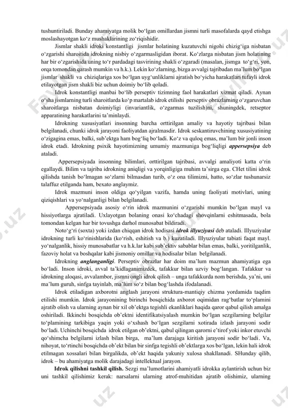 ishlashda analizatorlarning po‘stloq bo‘limlari yadrolarida tahlil qilish va sintezning murakkab jarayonlari sodir bo‘lganligi sababli, nerv aloqalari seskantiruvchilar to‘plami sifatida namoyon bo‘ladi. tahlil qilish va sintez jarayonlari idrok ob’ektining atrof-muhitdan ajratib olinishini ta’minlaydilar, va shu asosda uning barcha xossalari yaxlit obrazga birlashadi. idrok jarayonini ta’minlovchi vaqtinchalik nerv aloqalari ikki xil: bir analizator chegarasida va analizatorlar o‘rtasida hosil bo‘ladigan turlarga ajratilishi mumkin. birinchi turdagilari organizmga bir modallikka ega bo‘lgan ko‘p tomonlama seskantiruvchining ta’sir etishida alohida o‘rin egallaydilar. masalan, bunday seskantiruvchi sifatida eshitish analizatoriga ta’sir ko‘rsatuvchi alohida tovushlarning o‘ziga xos uyg‘unligidan iborat bo‘lgan kuy xizmat qilish mumkin. bu to‘plam yagona murakkab seskantiruvchi sifatida faoliyat ko‘rsatadi. bunda nerv aloqalari seskantiruvchining o‘ziga nisbatan javob o‘rnida emas, balki, ularning vaqtinchalik, fazoviy va shu kabi munosabatlariga nisbatan ham hosil bo‘ladi. natijada katta yarim sharlar po‘stlog‘ida integratsiyalash yoki murakkab sintez jarayoni sodir bo‘ladi. ko‘p tomonlama seskantiruvchi ta’sirida hosil bo‘ladigan nerv aloqalarining ikkinchi turi – bu turli analizatorlar chegarasidagi …