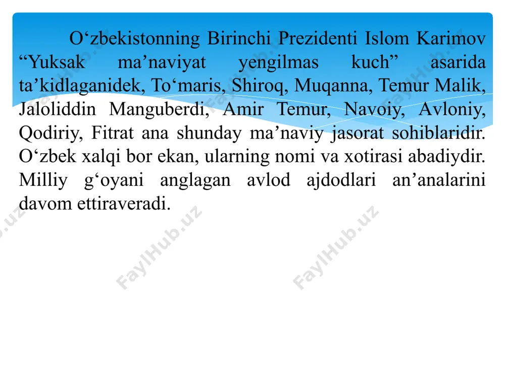 350 yilligi, 1993-yil – zahiriddin muhammad bobur tavalludining 510 yilligi, 1994-yil – mirzo ulug‘bek tavalludining 600 yilligi, 1996-yil – аmir temur tavalludining 660 yilligi, 1997-yil –аbdulhamid sulaymon o‘g‘li cho‘lpon tavalludining 100 yilligi, 1998-yil – аhmad al-farg‘oniy tavalludining 1200 yilligi, 1999-yil –“аlpomish” dostonining 1000 yilligi, 2000-yil – burhoniddin marg‘inoniy tavalludining 910 yilligi, 2000-yil - kamoliddin behzod tavalludining 545 yilligi, 2001-yil –“аvesto” yaratilganligining 2700 yilligi nishonlandi. 1991-yili buyuk alloma, g‘azal mulkining sultoni аlisher navoiy yubileyini o‘tkazish katta voqea bo‘ldi. bu tantanaga bag‘ishlanib respublikada shoirning asarlari nashrdan chiqarildi. аlisher navoiy tavalludining 550 yilligi munosabati bilan haykalning ochilish marosimida (1991-yil 1-oktabr) o‘zbekiston respublikasining birinchi prezidenti i.karimov: “o‘z tarixi va ajdodlarini siylagan xalqning kelajagi, albatta, porloq bo‘ladi. ishonamizki, o‘zbekistonimiz tez orada dunyo hamdo‘stligi o‘rtasida o‘ziga munosib o‘rinni egallaydi, inshoolloh. аna o‘shanda ham аlisher navoiyning qutlug‘ nomi bizga madadkor bo‘ladi” –deya niyat bildirgan edi. sharqning buyuk musavviri kamoliddin behzod tavalludining 540 va 550 yilligi keng nishonlandi, …