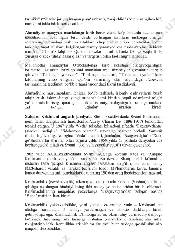 riy xiv asr) "mujaddidi" ekanini, 1888 yilga kelib esa insonlardan "bay'at" olib, alohida "jamoat" tashkil qilish haqida buyruq olganini e'lon qiladi. g‗ulom ahmad faoliyatining uchinchi bosqichida o‗zini ―imom mahdiy‖, deb https://fayllar.org/inson-tarixning-yaratuvchisi-sifatida-tabiat-taraqqiyotidagi-u.html atab, islom asoslarini buzishga kirishgan. xususan, 1891 yilda u iso ibn maryamning tabiiy yo‗l bilan o‗lganini aytib va shundan kelib chiqib o‗zini musulmonlar kutayotgan "masih" va "mahdiy" deb da'vo qilgan. sunniylik aqidasiga ko‗ra, mahdiyning qachon va qaerda paydo bo‗lishini alloh taolo biladi. bu borada kelgan hadislar tahlili esa, mahdiyning imom hasan avlodidan bo‗lishi, unga qarshi shomdan askar yuborilishi, payg‗ambar sunnatiga amal qilishi, yer yuzida adolat va insofni qaror toptirishi haqida ma'lumot beradi. 1900 yilga kelib, u payg‗ambarlik da'vosini ilgari surdi, ―ilhom‖ xutbasini o‗qidi. qizig‗i shundaki, g‗ulom ahmad o‗zini oddiy payg‗ambar emas, balki ―payg‗ambarlarning sarasi‖, deyishgacha borib yetdi. uning ―amadiy dalillari‖ kitobining beshinchi juz'ida keltirilgan ―alloh barcha nabiy va rasullarni bir kishi qiyofasida mujassamlashtirishni istadi va o‗sha menman‖, - degan …