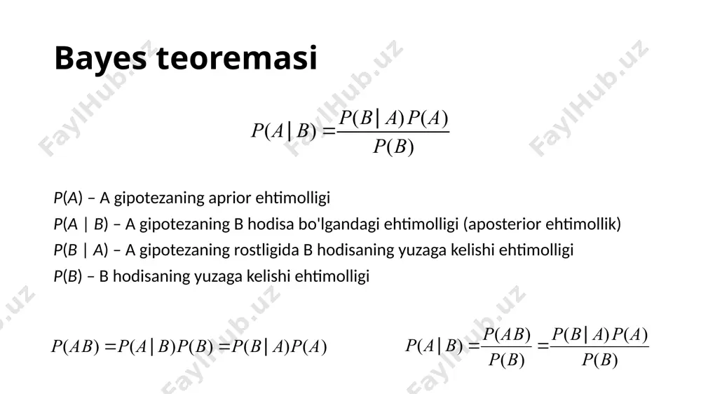 hi mumkin bo'lgan so'zlardan iborat o'rgatuvchi tanlanmani tuzishning imkoni yo'q. bunday holatda additiv silliqlash (laplas silliqlashi) dan foydalaniladi: bu orqali o'rgatishda ko'rilmagan so'zlar juda kichik bo'lsada ehtimollikka ega bo'ladi. klassifikator barcha o'zgarishlarni hisobga olgan holda bayes klassifikatori quyidagicha bo'ladi: klassifikatorni amalga oshirish uchun zarur: hujjatlar korpusida sinflar chastotasi (biror sinf hujjatlari miqdori) har bir sinf bo'yicha hujjatlardagi barcha so'zlar har bir sinf bo'yicha so'zlar chastotasi lug'at o'lchami (tanlanmadagi unikal so'zlar miqdori) klassifikator dc – c sinfga tegishli o'rgatuvchi tanlanmadagi hujjatlar soni d – o'rgatuvchi tanlanmadagiumumiy hujjatlar soni |v| - or'gatuvchi tanlanmadagi barcha hujjatlardagi unikal so'zlar miqdori lc – c sinfga tegishli hujjatlardagi so'zlarning umumiy miqdori wic – i-so'zning c sinf hujjatlaridagi chastotasi q – sinfi aniqlanayotgan hujjatadagi so'zlar to'plami namuna uchta hujjat berilgan bo'lsin: hujjat 1 (spam): menejerlik xizmati mavjud hujjat 2 (spam): sotishga yordam beramiz hujjat 3 (spam emas): mashinani sotishga ketdim spam spam emas sinflar chastotasi 2 1 …