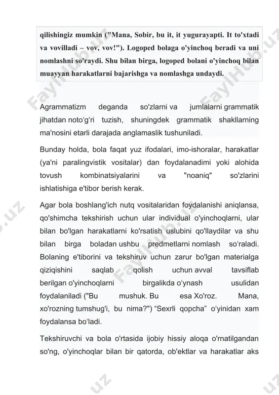 i. ularning umumiy so'zlar bilan birga qo‘llanilishi qayd etiladi; · bola tovushlar va tovush yig‘indilariga taqlid qila oladimi, logoped aytgan bitta bo'g'in, ikkita bo'g'in yoki butun so'zni ayta olishi; • bola tadqiqotchining talabiga javoban o'zining ovozli vositalaridan foydalanadimi yoki uni o'z tashabbusi bilan bajaradimi. shuningdek, ob'ektni, harakatlarni aniqlashda bola tashqi vaziyatga tayanish holati yoki u foydalanadigan tovush majmualari barqaror xarakterga ega ekanligiga ham e’tibor qaratilishi lozim. nomlash uchun predmet turli xil vaziyatlarda bolaga bir marta emas, balki bir necha marta taqdim etilishi kerak. taqdim etilgan buyumlar bir xil nomga ega bo'lishi va ayni paytda tashqi ko'rinishi jihatidan farq qilishi maqsadga muvofiq: o'lcham, rang, material (masalan, kiyim-kechak bilan ajralib turadigan katta va kichik qo'g'irchoq). bola so'zning ma'nosini qanchalik yaxshi o'zlashtirganligini bilish uchun, u bir xil ob'ektni turli xil so'zlar bilan, bir xil so'z turli xil ob'ektlarni (masalan, mashina, trolleybus, tramvay va boshqa joyga borish istagi – bibi so‘zi bilan aytilsa) anglatishini, …