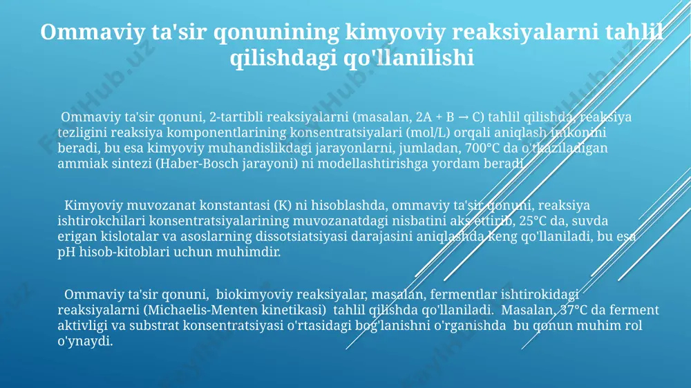 ga teng bo'lib, bu reaksiyaning deyarli to'liq o'ngga siljishini ko'rsatadi. ommaviy ta'sir qonunining kinetik asoslari ommaviy ta'sir qonunining kinetik asoslari murakkab reaksiyalar, masalan, fermentativ reaksiyalarni (michaelis-menten kinetikasi) tahlil qilishda, farmakokinetikada va kimyoviy muhandislikdagi 20 dan ortiq jarayonlarda qo'llaniladi. ommaviy ta'sir qonuni kinetik jihatdan 2-tartibli reaksiyalar uchun reaksiya tezligining reaksiyaga kirishadigan moddalar konsentratsiyalarining ko'paytmasiga to'g'ri proportsional ekanligini ko'rsatadi, bu esa 1864 yilda guldberg va vaage tomonidan norvegiyada aniqlangan. reaksiya tezligi konstantasi (k) temperaturaga bog'liq bo'lib, arrenus tenglamasi (k = aexp(-ea/rt)) yordamida 8,314 j/molk ga teng bo'lgan r universal gaz konstantasi va faollashtirish energiyasi (ea) orqali hisoblanadi. ommaviy ta'sir qonunining ekologiyadagi qo'llanilishi markaziy osiyo cho'llaridagi o'simlik populyatsiyasining o'sishi va tarqalishiga ta'sir etuvchi omillarni (masalan, suv miqdori va tuproq unumdorligi) o'rganishda, 10 ta turdagi o'simliklar bo'yicha o'tkazilgan tajribalar ommaviy ta'sir qonuniga asoslangan. o'rmon yong'inlarining tarqalishini modellashtirishda, 2000 yilda kaliforniyada ro'y bergan yong'inlar misolida, ommaviy ta'sir qonuni yordamida yonuvchi material miqdori va shamol tezligi …
