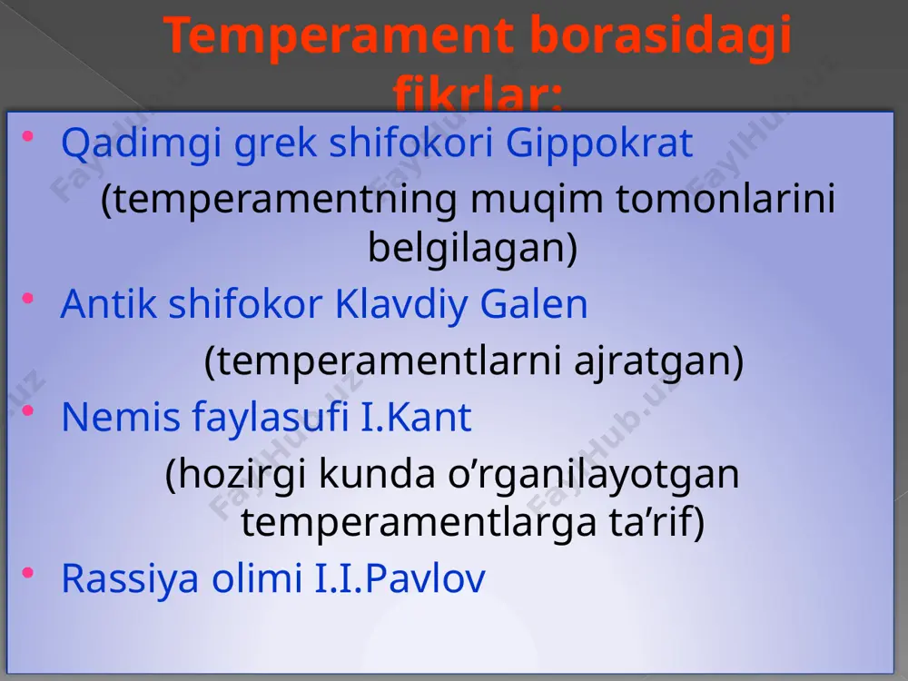 ni xoxlaydi, o’zini xaqoratlashlariga umuman yo’l qo’ymaydi, tinch, bosiq, kuzatuvchan ximoyasiz, ko’gilchan, befarq o’ziga bo’lgan ishonchi: sangvinik xolerik flegmatik melanxolik omadga ishonadi, tavakkalchi o’ziga juda ishonadi, kamchiliklarini berkitadi bilsa ham o’ziga ishonmaydi, ko’p havotirlanadi, lekin nolimaydi o’ziga ishonmaydi, kamchiliklaridan juda qo’rqadi, omadga ishonmaydi do’stlik va ishq bobida: flegmatik xolerik melanxolik sangvinink do’stlari kam, boshqarishni yoqtiradi, qattiq bog’lanib qoladi, tez jahli chiqadi, o’ta rashkchi do’stlari ko’p, tez ko’ngil beradi, mehribon, juftini zeriktirmaydi sevgisini aytishga juda uyaladi, yoqtirishini bildirmaydi, ramantikani sevadi o’ta vafodor, itoatgo’y, qalbi jaroxatlanuv- chan, sevgilisi ima desa shu harakati va yurishi: sangvinik xolerik flegmatik melanxolik shoshqaloq, tezkor, taranglik bir joyda tura olmaydi, serxarakat, tez yuradi sekinroq yuradi, bemalol atrofni kuzatib yuradi sekin yuradi, xayolparast, qo’rquv bn yuradi ishtaxasi: sangvinik xolerik flegmatik melanxolik ovqat tanlamaydi, shirinkikka o’ch oqat tanlaydi, ko’p yeydi, tez yiyishni yoqtiradi ovqat tanlaydi, ammo berganingizni yeydi tabiiy ovqatlarni yoqtiradi, ovqatni bemalol, shoshmay yeydi uyqu jarayoni: sangvinik xolerik …