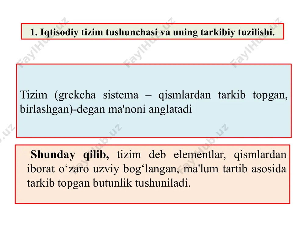 shlash va iste'mol qilish jarayonida vujudga keladi. jamiyat taraqqiyoti bosqichlarini bilishga turli xil yondashuvlar iqtisodiy tizimlar turkumlanishi turkumlashga yondashuvlar turkumlash mezonlari iqtisodiy tizim turlari i sivilizasion yondashuv 1. iqtisodiy jara-yonlarni boshqarish va uyg‘unlashtirish mexanizmi 2. mulkchilikning hukmron shakli bozor iqtisodiyoti buyruqbozlik iqtisodiyoti aralash iqtisodiyot an'anaviy iqtisodiyot 2. iqtisodiy tizimlar turkumlanishiga turlicha yondashuvlar. iqtisodiy tizim modellari. iii texnologik yondashuv ishlab chiqarishning texnologik usuli oddiy kooperasiga asoslangan iqtisodiy tizim. manufakturaga asoslangan iqtisodiy tizim. yirik mashinalashgan ishlab chiqarishga asos-langan iqtisodiy tizim ii formasion yondashuv ishlab chiqarish kuchlarining ri-vojlanish dara-jasiga ishlab chiqarish muno-sabatlarining mos kelishi ibtidoiy jamiyat quldorlik feodalizm kapitalizm kommunizm (sosializm) iqtisodiy tizimlar turkumlanishi turkumlashga yondashuvlar turkumlash mezonlari iqtisodiy tizim turlari v jamiyatning iqtisodiy rivojlanish darajasiga ko‘ra jamiyatning iqtisodiy taraqqiyoti an'anaviy jamiyat o‘tkinchi jamiyat industrial jamiyatga o‘tish industrial jamiyat «ommaviy iste'mol» jamiyati iv industrial taraqqiyot industrial sanoat ishlab chiqarishining vujudga kelishi va rivojlanishi toindustrial industrial postindustrial iqtisodiy tizimlar turkumlanishi iqtisodiy tizimlar turkumlanishi turkumlash …