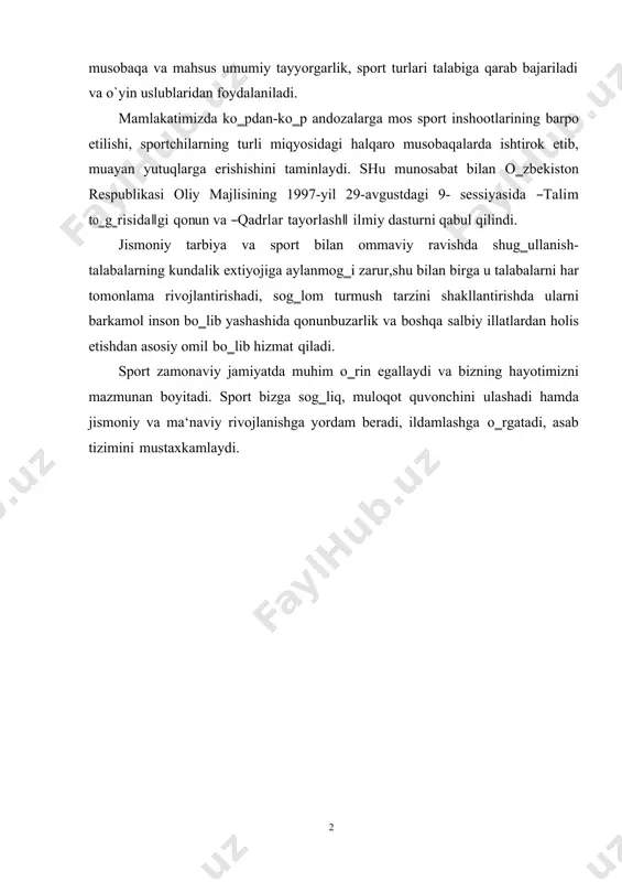 chilarning turli miqyosidagi halqaro musobaqalarda ishtirok etib, muayan yutuqlarga erishishini taminlaydi. shu munosabat bilan o‗zbekiston respublikasi oliy majlisining 1997-yil 29-avgustdagi 9- sessiyasida ―talim to‗g‗risida‖gi qonun va ―qadrlar tayorlash‖ ilmiy dasturni qabul qilindi. jismoniy tarbiya va sport bilan ommaviy ravishda shug‗ullanish- talabalarning kundalik extiyojiga aylanmog‗i zarur,shu bilan birga u talabalarni har tomonlama rivojlantirishadi, sog‗lom turmush tarzini shakllantirishda ularni barkamol inson bo‗lib yashashida qonunbuzarlik va boshqa salbiy illatlardan holis etishdan asosiy omil bo‗lib hizmat qiladi. sport zamonaviy jamiyatda muhim o‗rin egallaydi va bizning hayotimizni mazmunan boyitadi. sport bizga sog‗liq, muloqot quvonchini ulashadi hamda jismoniy va ma‘naviy rivojlanishga yordam beradi, ildamlashga o‗rgatadi, asab tizimini mustaxkamlaydi. i. gandbol o„yinining paydo bo„lish va rivojlanish tarixi. gandbol keng tarqalgan sport turlaridan biri bo‗lib, u o‗quvchi yoshlarni jismoniy rivojlantirish, ularning salomatligini mustahkamlashning eng ommabop, binobarin, eng qulay vositalaridan biridir. bu kattalar uchun ham, o‗smir-yoshlar uchun ham birdek ma‘qul bo‗lgan chinakam xalqchil o‗yin hisoblanadi. musobaqada o‗n ikki o‗yinchidan …
