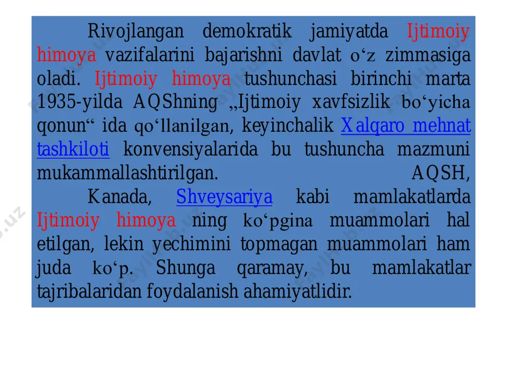sturi tasdiqlangan bo‘lib, fuqarolar va yuridik shaxslar vakillari tomonidan korrupsiya haqida xabar berish mexanizmlari joriy etilganligi ahamiyatlidir, xususan, bugungi kunda: hozirda • – ombudsmanning “10-96” ishonch telefoni va virtual qabulxonasi faoliyat yuritmoqda; • – fuqarolar va yuridik shaxslar vakillarining korrupsiyaviy holatlar bo‘yicha hamda xodimlarning boshqa qonunga xilof ishlari to‘g‘risidagi murojaatlari tahlil qilinib boriladi, ularning natijalari odob-axloq komissiyasi yig‘ilishlarida muhokama qilinadi; xalqaro reyting transparency international xalqaro nohukumat tashkiloti tomonidan har yili eʼlon qilib boriladigan “korrupsiyani qabul qilish indeksi”da o‘zbekiston 180 ta davlat orasida 2017-yilda 157-o‘rin, 2018-yilda esa 158-o‘rinni egallagan bo‘lsa, 2019-yilda 25 ball bilan 153-o‘rinni egallab, 5 pog‘onaga ko‘tarildi. 1997 - yil 29-avgust kuni o‘zbekiston respublikasi oliy majlisining ix sessiyasida o‘zbekiston respublikasining “ta’lim to‘g‘risida” gi yangi qonuni va “kadrlar tayyorlash milliy dasturi” qabul qilindi. prinsiplar • ta’lim va tarbiyaning insonparvar, demokratik xarakterda ekanligi; • ta’limning uzluksizligi va izchilligi; • umumiy o‘rta, shuningdek, o‘rta maxsus, kasb- hunar ta’limining majburiyligi; • ta’lim dasturlarini …