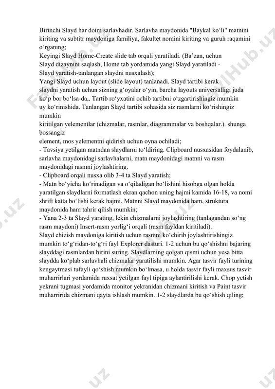 di - slayd yaratish-tanlangan slaydni nusxalash); yangi slayd uchun layout (slide layout) tanlanadi. slayd tartibi kerak slaydni yaratish uchun sizning g‘oyalar o‘yin, barcha layouts universalligi juda ko‘p bor bo‘lsa-da,. tartib ro‘yxatini ochib tartibni o‘zgartirishingiz mumkin uy ko‘rinishida. tanlangan slayd tartibi sohasida siz rasmlarni ko‘rishingiz mumkin kiritilgan yelementlar (chizmalar, rasmlar, diagrammalar va boshqalar.). shunga bossangiz element, mos yelementni qidirish uchun oyna ochiladi; - tavsiya yetilgan matndan slaydlarni to‘ldiring. clipboard nusxasidan foydalanib, sarlavha maydonidagi sarlavhalarni, matn maydonidagi matnni va rasm maydonidagi rasmni joylashtiring. - clipboard orqali nusxa olib 3-4 ta slayd yaratish; - matn bo‘yicha ko‘rinadigan va o‘qiladigan bo‘lishini hisobga olgan holda yaratilgan slaydlarni formatlash ekran qachon uning hajmi kamida 16-18, va nomi shrift katta bo‘lishi kerak hajmi. matnni slayd maydonida ham, struktura maydonida ham tahrir qilish mumkin; - yana 2-3 ta slayd yarating, lekin chizmalarni joylashtiring (tanlagandan so‘ng rasm maydoni) insert-rasm yorlig‘i orqali (rasm fayldan kiritiladi). slayd chizish maydoniga kiritish uchun …