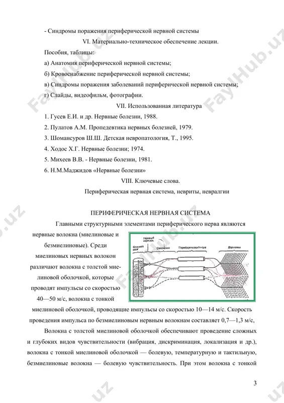 волокон. более мощные пучки образованы миелиновыми волокнами. в связи с тем что нервные волокна переходят из одного пучка в другой, образуются сложные внутристволовые сплетения. этим объясняется отсутствие четких зон нарушения двигательной, чувствительной и вегетативной функции при частичном повреждении нерва. соединительнотканные оболочки образуют не только внешний покров нерва, но и окутывают каждый пучок внутри его, а также многие нервные волокна внутри самих пучков. в связи с этим различают эпиневрий, периневрий (волокнистая и эпителиальная части) и эндоневрий. эпиневрий, или наружная оболочка нерва, состоит из соединительной ткани, в которой содержатся кровеносные и лимфатические сосуды, жировые элементы, нервные волокна и нервные окончания. периневрий, или наружная оболочка отдельного нервного пучка, подобно эпи-неврию состоит из соединительной ткани, в которой обнаруживаются мельчайшие ветвления кровеносных и лимфатических сосудов, нервных волокон, нервных окончаний и жировых клеток. вокруг нервного пучка имеется заполненное лимфоподобной жидкостью периневральное пространство, которое сообщается с субарахноидальным пространством спинного мозга. эндоневрий состоит из непосредственно прилегающей к периневрию …