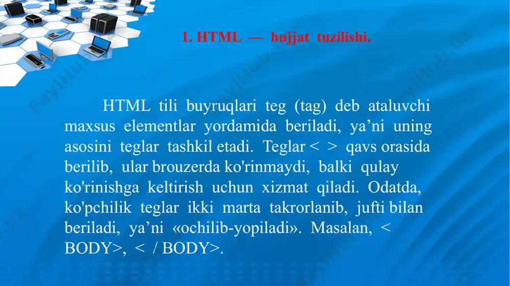 'rsatish; • face — shrift nomini ko'rsatish, shuningdek bir nechta shriftni ham o'rnatish mumkin. masalan: qizil rang, o'lchami uch 12. hi matn qismi yoki holati. ... — birinchi pog'ona sarlavhalari (eng kattasi). atributlari: • align — tekislashni aniqlash. masalan: ... • font — berilgan matn qismi shriftini ko'rsatish. masalan: ... • size — shrift o'lchamini ko'rsatish. masalan: ... 13. h2 ... — ikkinchi pog'ona sarlavha. umuman olti xil sarlavha mavjud. ularning qolgan to'rttasi , , , bilan belgilanadi. 14. hr — gorizontal chiziq (chizg'ich) qo'yadi. 15. i ... — matnni yozma shrift bilan tasvirlaydi. bir, ikki, uch . tamom!!! image2.jpeg image3.png image4.png image5.png image6.gif image1.jpeg