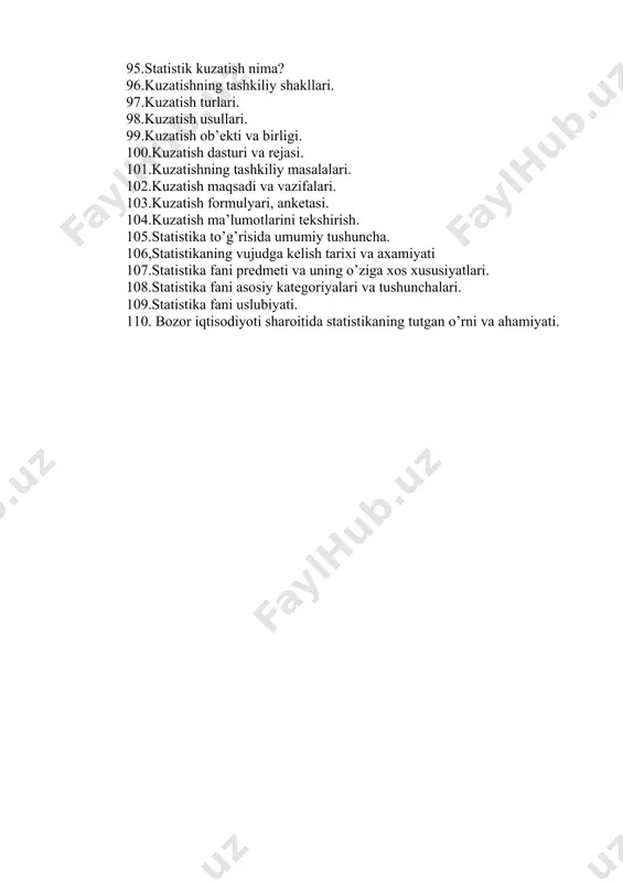 a uning o’ziga xos xususiyatlari. 108.statistika fani asosiy kategoriyalari va tushunchalari. 109.statistika fani uslubiyati. 110. bozor iqtisodiyoti sharoitida statistikaning tutgan o’rni va ahamiyati.