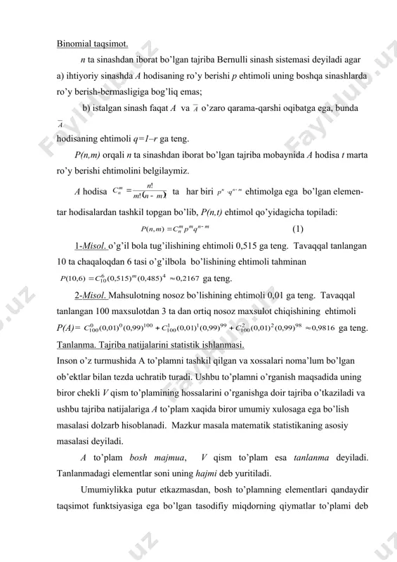 tanlanma deyiladi. tanlanmadagi elementlar soni uning hajmi deb yuritiladi. umumiylikka putur etkazmasdan, bosh to’plamning elementlari qandaydir taqsimot funktsiyasiga ega bo’lgan tasodifiy miqdorning qiymatlar to’plami deb faraz qilishimiz mumkin. ko’pincha tanlanmaning elementlari o’sish tartibida joylashtiriladi va natijada variatsion qator deb yuritiluvchi ketma-ketlikka ega bo’lamiz. masalan, 0, 5, 3, 6, 3, 4, 1, 3, 4, 6 sonlar hajmi 10 ga teng bo’lgan tanlanmani tashkil qilib, uning variatsion qatori qo’yidagi ko’rinishga ega: 0,1,3,3,3,4,4,5,6,6. tanlanmaning elementlari takroran o’chrashishi mumkin. u holda hajmi n bo’lgan tanlanma uchun qo’yidagi jadval tuzish maqsadga muvofiq x x1 x2 … xi … xn (1) ( (1 (2 … (i … (n bu yerda (i - xi ning absolyut takrorligi. agar biz wi =(i / n - xi ning nisbiy takrorligini kiritsak, u holda tanlanma uchun qo’yidagi jadval tuzsa bo’ladi x x1 x2 … xi … xn (2) w w1 w2 … wi … wn ravshanki, (1 + (2 +…+ …