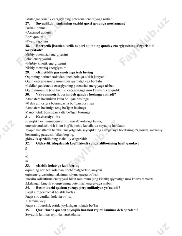 avlik qarshilikning qanday turlari mavjud? chiziqli va kvadratik mahalliy va chiziqli bo'lmagan +mahalliy va chiziqli chiziqli bo'lmagan va chiziqli 116. suyuqlikning nisbiy qolgan qismi nima deyiladi: +unga ta'sir etuvchi tortishish va inersiya kuchlarining o'zgarmas qiymatidagi suyuqlikning muvozanati unga ta'sir etuvchi tortishish va inersiya kuchlarining o'zgaruvchan qiymati bo'lgan suyuqlikning muvozanati o'zgarmas tortishish kuchi va o'zgaruvchan inersiya kuchi bilan suyuqlikning muvozanati suyuqlikning faqat doimiy tortishish kuchi bilan muvozanati 117. doimiy tezlanish bilan harakatlanuvchi tankda erkin sirtning qiyalik burchagi qanday o’zgaradi erkin sirt parabola ko rinishini oladi o'zgaradi +o'zgarmaydi erkin sirt gorizontal bo'ladi 118. aylanadigan silindrsimon idishda erkin sirt ko'rinishga ega +parabolalar giperbolalar konus erkin sirt gorizontal 119. suyuqlik bilan silindrsimon idishning aylanish burchak tezligi ortishi bilan suyuqlikka tasir qiluvchi kuchlar quyidagicha o zgaradi. markazdan qochiruvchi kuch va tortishish kuchi kamayadi +markazdan qochma kuch kuchayadi, tortishish kuchi o'zgarishsiz qoladi markazdan qochma kuch o'zgarmay qoladi, tortishish kuchi ortadi markazdan qochma kuch va tortishish kuchi …