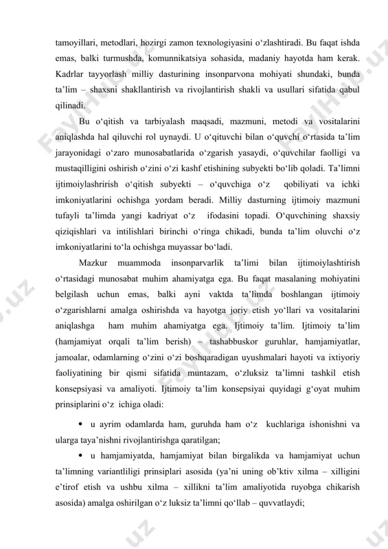 ksiz ta’limni tashkil etish konsepsiyasi va amaliyoti. ijtimoiy ta’lim konsepsiyai quyidagi g‘oyat muhim prinsiplarini o‘z ichiga oladi: · u ayrim odamlarda ham, guruhda ham o‘z kuchlariga ishonishni va ularga taya’nishni rivojlantirishga qaratilgan; · u hamjamiyatda, hamjamiyat bilan birgalikda va hamjamiyat uchun ta’limning variantliligi prinsiplari asosida (ya’ni uning ob’ktiv xilma – xilligini e’tirof etish va ushbu xilma – xillikni ta’lim amaliyotida ruyobga chikarish asosida) amalga oshirilgan o‘z luksiz ta’limni qo‘llab – quvvatlaydi; · u hamjamiyatdagi odamlarning muammolari va extiyojlariga ta’lim jarayonining boshlang‘ich nuktasi deb munosabatda bo‘ladi, shu sababli tugilayotgan ijtimoiy – iktisodiy muammolarni mustaqil hal qilish maqsadida samarali o‘qitish va konkret professional trening shakllarini ahamiyatli deb beriladi; · u ochiqdir va mushkul axvolda tushib qolgan odamlar extiyojiga hamda bolalarning muammolariga ayniqsa hamdardlik bilan karaydi, ularni pedagogika va psixologiya nuktai nazaridan qo‘llab – quvvatlashga qaratilgan muxsus maqsadlarni qo‘yadi; u mavjud maorif tizimining xilma – xil ta’lim xizmatlarini ta’minlash borasidagi ishini to‘ldiradi va …