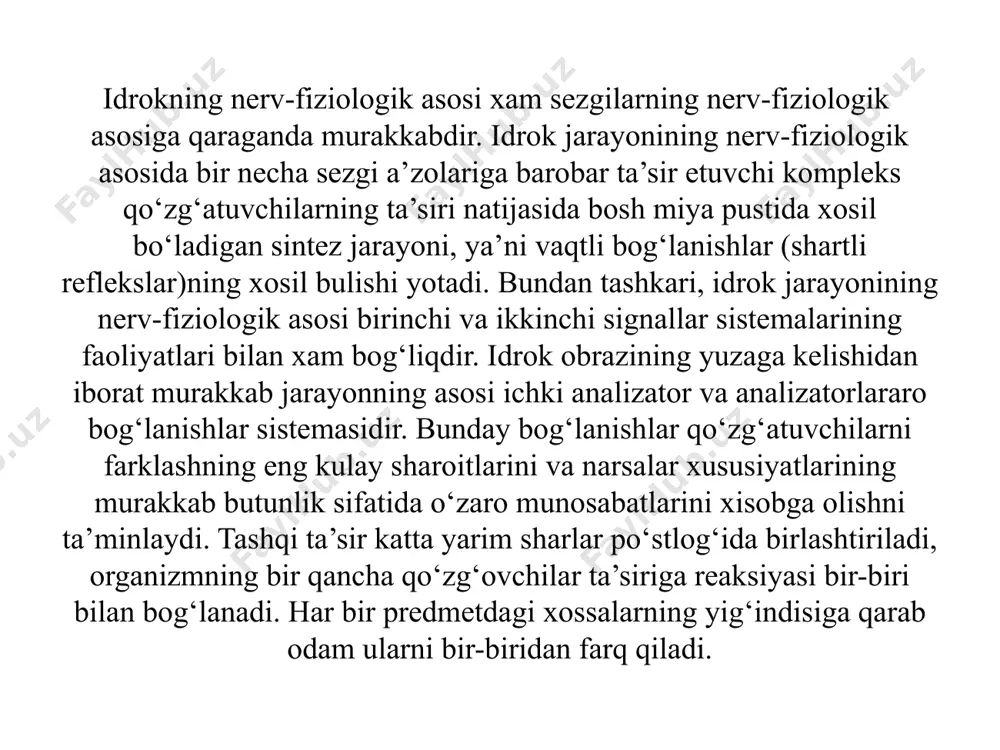 (yunoncha doira, aylana) harakat, harakatlanuvchi jismlarni ko‘z qorachig‘i yordamida aniqtasvirini aks ettirishidir. 6. torsion (fransuzcha aylantirish) harakat ko‘z o‘qi atrofida jismlarni aylanib to‘rgan holda qayd qilishdir. 7. version (lotincha harakatlanaman, aylanaman demakdir) harakat ko‘zning makro harakatlari doirasiga kirib, ko‘rish burchagini kuzatish, tezlikni o‘zgartirmasdan kuzatiluvchi ob’ektni idrok qilishda ishtirok etishidir. 8. vergen (lotincha og‘ish, qiyshayish) harakat ko‘zning makro harakatlari tarkibiga kirib, o‘ng va chap ko‘zlarining ko‘rish o‘qlari burchagi o‘zgarishiga olib keladi va hokazo. idrok fazo, vaqt va harakat idroklariga bo‘linadi. fazoni (idrok) teri sezgilari va muskul harakat vositasi bilan idrok etganda ko‘z bilan qarab ham, ko‘z bilan qaramasdan ham ilrok qilish mumkin. fazoviy munosabatlarni farqlashning muhim mohiyatlaridan biri. narsalarning boshqa narsalarga yoki kuzatuvchiga nisbatan yo‘nalishlarini idrok qilishdan iboratdir. harakatni idrok qilish narsalarning fazodagi holatining o‘zgarganligini aks ettirishdan iboratdir. vaqt fazo kabi materiya mavjudligining asosiy imkonlaridan biridir. vaqtni ilrok qilish vahiylikdagi hodisalarning davomiyligini, tezligini va izchilligi aks ettirishdan iborat. fazo munosabatlarini, narsalarning …