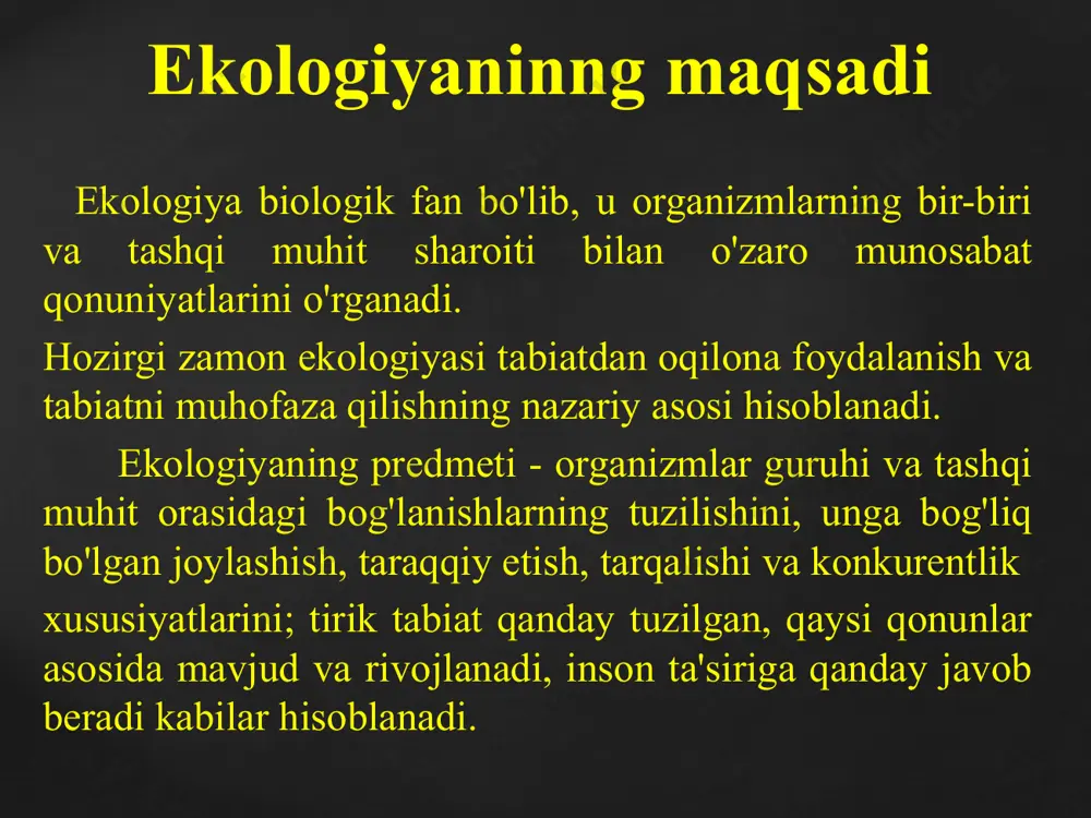 illarida akademik v.i.vernadskiy biosfera to'g'risidagi ta'limotni yaratib ekologiyani rivojla-nishiga katta xissa qo'shdi. 30-50 yillarga kelib, ekosistema doirasida moddalar aylanishi va energiya oqimini o'rganish singari umumekologik muammolar ko'tarildi. vernadskiy v.i. (1863-1945) 40-50 yillarda t.a.rabotnov va 60-yillarda a.a.uranovlar o'simliklarning populyatsiyalari to'g'risidagi ta'limotga asos soladilar. keyinchalik chet ellarda ham (ingliz olimi dj.xarper) shunga o'xshash ilmiy ishlar paydo bo'la boshladi. 50-yillarga kelib umumiy ekologiya fani shakllandi. 1930 yillarda ekologiya yo'nalishlariga asoslangan markaziy osiyo maktabi hozirgi m.ulug'bek nomidagi o'zbekiston milliy universiteti qoshida shakllandi. maktab o'lkaning biologik jamoalarini, ularning tarkibiy qismlarini o'rganish bilan birga ekolog mutaxassislar tayyorlashda, ekologiyani rivojlantirishda ham ahamiyatga ega bo'ldi. d.n.kashkarov tomonidan boshlab berilgan ishlar uning shogirdlari t.z.zohidov va r.n.meklenburtsev ishlarida rivojlantirildi. t.z.zohidov cho'ldagi hayot (biotoplarni)ning o'ziga xosligini va uni mayda hududiy birliklarga ajratib o'rgangan. o'zbekistondagi ekologik yo'nalishdagi ishlarning asoschilari d.n.kashkarov va e.p.korovinlar hisoblanadi. ular ekologik ilmiy tadqiqotlarni rejalashtirish va ekolog mutaxassislarni tayyorlash zarurligini o'rtaga tashlagan. o'zbekistonda ekologik yo'nalishdagi ishlar keyinchalik o'zfa botanika …