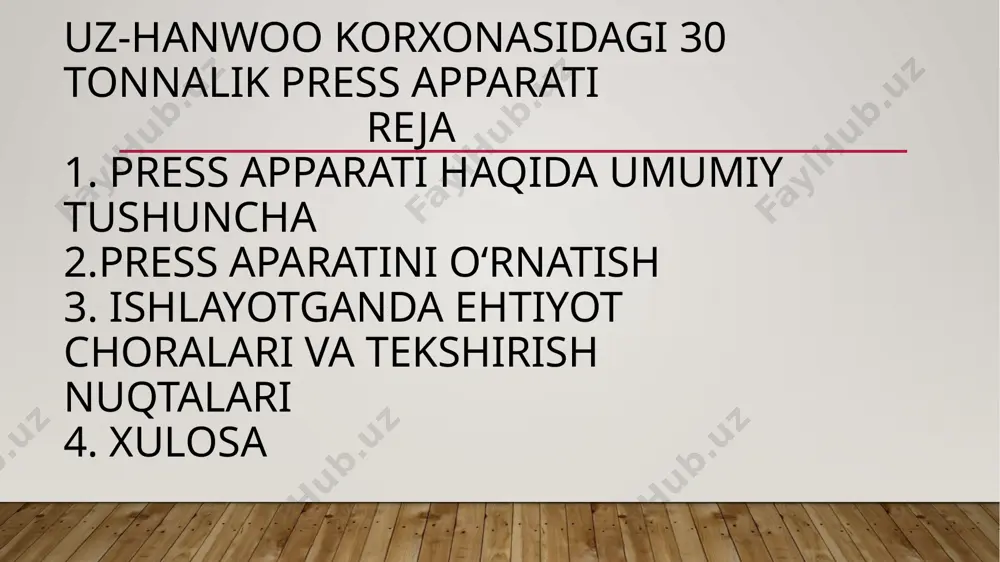 va ohak bilan mustahkamlash. (agar holatda 2-3 kundan keyin tez qattiqlashtiruvchi vosita taxminan bir hafta davomida ishlatiladi). asosiy plitani qo’yish va taglik plitasiga mashinani o’rnatish, poydevor murvatlarini joylashtirish va darajani nazorat qilish uchun yetarli darajada tortish kerak. 30 tonnalik press aparati 3) tekislash mashina darajasi mashinaning aniqligi va ishlash muddatiga bevosita ta’sir qiladi. aniq tekislashni amalga oshirish kerak. mashinani o’rnatgandan so’ng, ustundagi yog’ va changni olib tashlash kerak aniq darajani qo’yish (1m uchun 0,02-0,5 mm), uni har tomondan harakatga keltirish va darajani 0,5 mm va undan pastroq qilib qo’yish kerak. darajani tekshirgandan so’ng, poydevor murvatlarini to’liq tortish va mashinani ishga tushirish mumkin bo`ladi. 4) yog ‘ idishi mashina ishlagandan so’ng ishlashdan oldin moy bilan yog’lanishi kerak. birinchidan, moylashdan oldin idishning ichki qismini tozalash kerak. tozalashda, ortiqcha narsalar yo’qligini tekshirgandan so’ng, moy bilan moylash kerak agar iloji bo’lsa, chang bak atrofida ko’tarilmasligi kerak. bak atrofini har doim tozalash kerak. bakdagi aralashmalar …