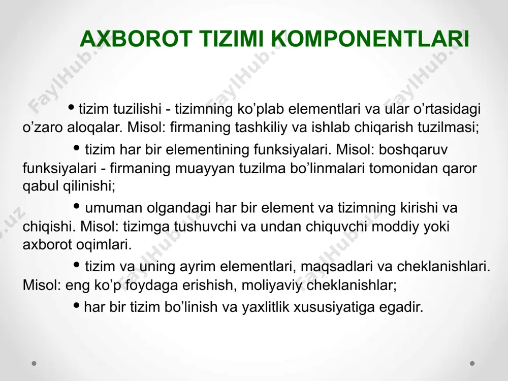 o‘lgan kompyuterlar talab etila boshlandi. 70—80-yillarda axborot tizimlari qarorlarni qo‘llab-qo‘vvatlovchi va tеzlashtiruvchi jarayonga ega bo‘lgan nazorat boshqaruvi vositalari sifatida kеng foydalanila boshlandi. 80-yillar oxiridan boshlab, axborot tizimlaridan foydalanish kontsеptsiyasi yanada o‘zgarib bormoqda. ular axborotning stratеgik manbai bo‘lib qolmoqda va istalgan sohada tashkil etishning barcha darajalarida foydalanilmoqda. bu davrning axborot tizimlari axborotni o‘z vaqtida bеrib, tashkilot faoliyatida muvaffaqiyatga erishishga yordam bеrmoqda axborot texnologiyalari va axborot tizimlari o'rtasidagi nisbat axborot texnologiyasining asosiy maqsadi dastlabki axborotni qayta ishlash bo'yicha maqsadli harakatlar natijasida foydalanuvchi uchun zarur bo'lgan axborotni olishdan iboratdir. axborot tizimi tarkibiy qismlari kompyuterlar, kompyuter tarmoqlari, dasturiy mahsulotlar, ma'lumotlar bazasi, odamlar, aloqaning turli texnik va dasturiy vositalar va h.k.lardan iborat bo'lgan muhit hisoblanadi. axborot tizimining asosiy maqsadi – axborotni saqlash va uzatishni tashkil etish. axborot tizimi axborotga ishlov berishning “odam – kompyuter” tizimidan iboratdir. axborot tizimining funksiyalarini unga yo'naltirilgan atni bilmasdan turib amalga oshirib bo'lmaydi. at axborot tizimi sohasidan tashqarida ham mavjud bo'lishi …