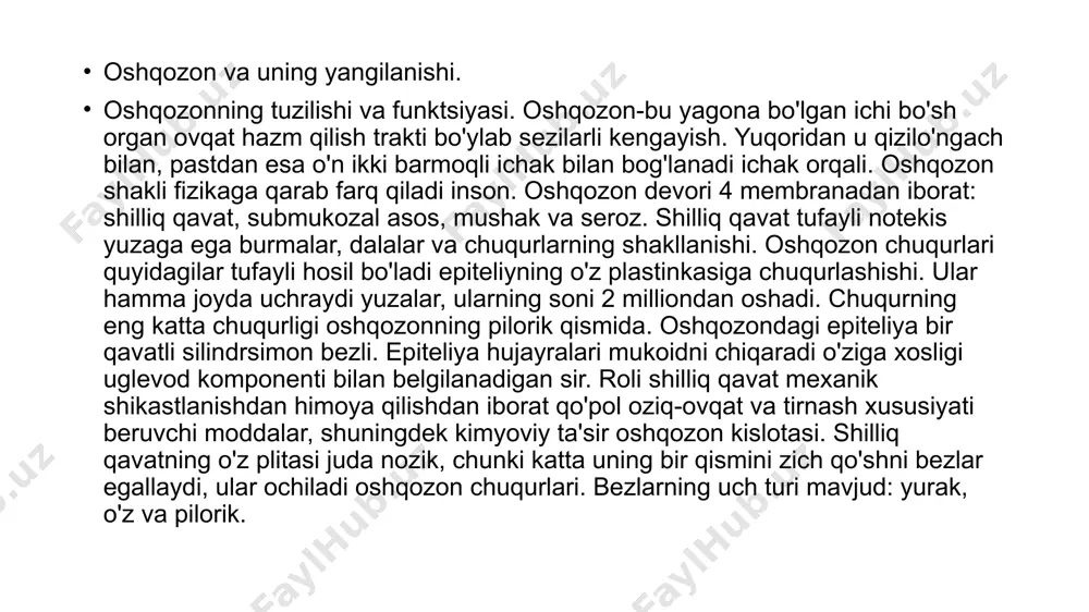 sillarni parchalaydigan fermentning faol shakli peptidlar va sut oqsillarini parchalaydigan ximosin. parietal hujayralar, ular tanada, go'yo bezning tashqi tomonida joylashgan, tartibsiz shaklga ega, sitoplazma keskin oksifildir. hujayralar ichida tizim mavjud hujayra ichidagi sekretor tubulalar hujayralararo, lümenga ochiladigan bezlar. rol quyidagilardan iborat bez lümeninde oqsil bilan bog'liq xloridlarni ishlab chiqarish ular parchalanib, xlorid kislota hosil qiladi. apikal qismidagi shilliq hujayralar sekretorlarni o'z ichiga oladi granulalar. servikal hujayralar shilliq sekretsiyani ham ishlab chiqaradi. bundan tashqari mitozning rasmlari ko'pincha ularda topiladi, ular bu hujayralar ekanligiga ishonishadi epiteliya regeneratsiyasi manbai bo'lib xizmat qiladi. pilorik bezlar – ular kamdan-kam hollarda joylashgan, juda tarvaqaylab ketgan, parietaldan mahrum hujayralar. asosan shilliq turdagi hujayralardan qurilgan, boy dipeptidazalar bilan. bezlarning sekretsiyasi gidroksidi reaktsiyaga ega, ya'ni. bu erda oziq-ovqat bo'lagini ishqorlash boshlanadi. yurak bezlari-oddiy naychali tarvaqaylab ketgan, asosan engil hujayralardan iborat mukus ishlab chiqarish. shilliq qavatning mushak plastinkasi 3 so'zdan iborat va submukozal asos bilan chegarada joylashgan. submukozal asos u …