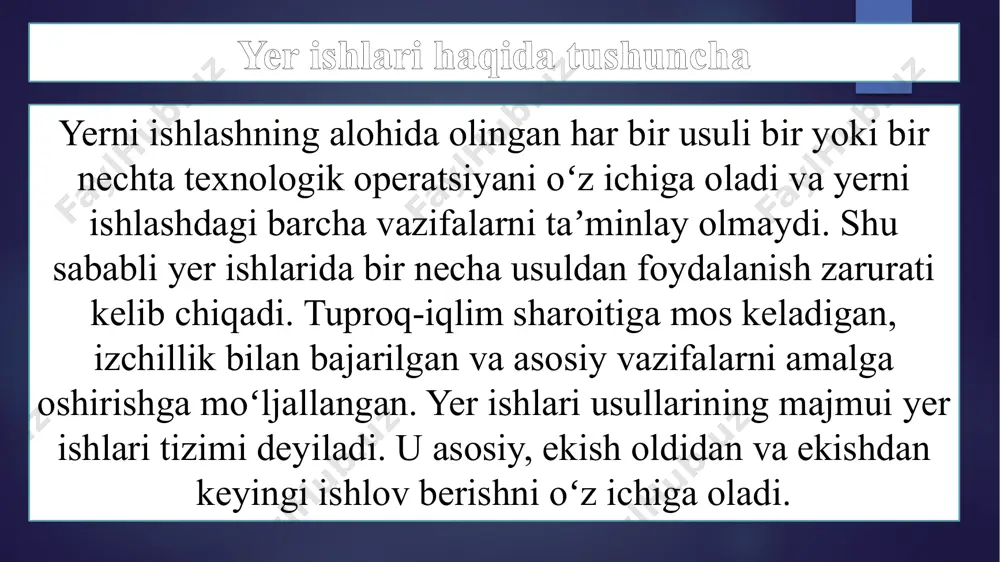 linligi qancha kam bo`lsa, cho`mich shunchalik yaхshi bo`ladi, cho`michni batamоm to`ldirish uchun o`tiladigan yo`l kamayadi. shuning uchun skrеperni tоrtgich eng ko`p tоrtish kuchiga ega bo`lib, to`g’ri chiziq bo`ylab harakatlanayotgan vaqtda birinchi tеzlikda yuqlash kerak. amalda skrеperchi ma’lum vaqt оralig’ida cho`michni vaqt-vaqti bilan ko`tarib-ko`tarib bоradi. xulosa xulosa o’rnida shuni aytish mumkinki, yer ishlarini bajarishda ko’p cho’michli ekskavatorlar keng qo’llanadi. buning asosiy sababi esa bu turdagi ekskavatorlarda ish unumdorligi nisbatan yuqori. yer ishlari uchun ekskavator tanlashda bajariladigan ish hajmi, ish bajarilish davomiyligini hisobga olish orqali iqtisodiy samaradorlikga va yuqori ish unumdorligiga erishish mumkin. adabiyotlar g‘.t. davronov l.x. irmuxamedova“gidromeliorativ ishlarni tashkil etish” toshkent «iqtisod-moliya» 2016-yil в.с.алтунин “приборы и устройства в гидромелиорации” www.studfiles.ru image6.png image7.jpeg image2.png image3.png image4.png image5.png