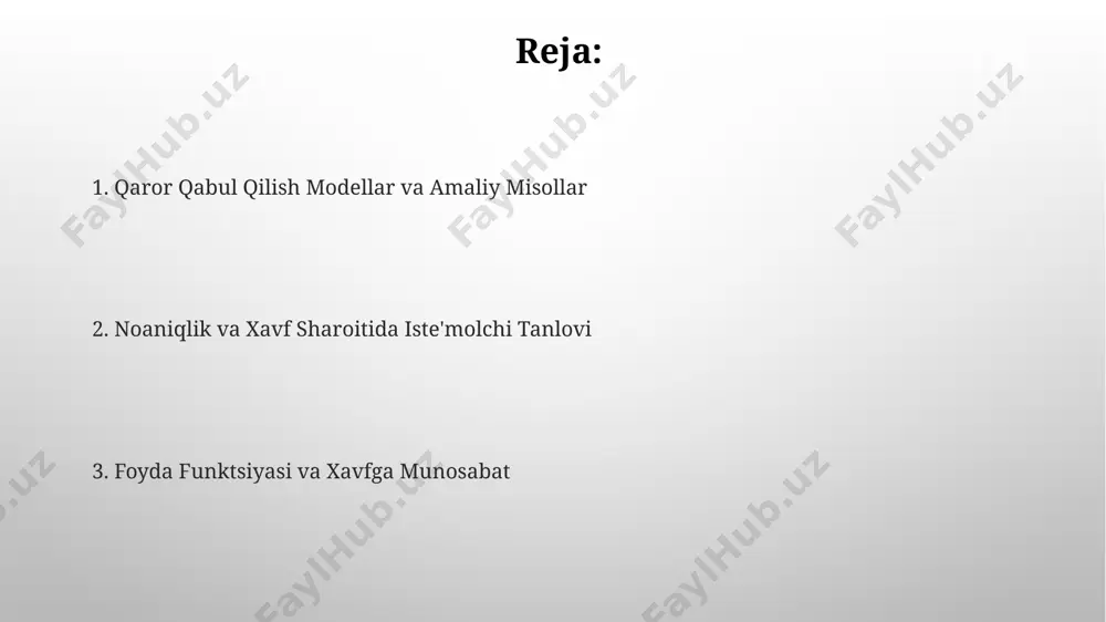 akdagi natijalar ehtimoli noma'lum boʻlsa, riskda esa kelajakdagi natijalar ehtimoli ma'lum, lekin noxush natijalar ehtimoli 1 dan 10 gacha bo'lgan shkala bo'yicha baholanadi, masalan, yaponiyaning yangi texnologiyalar bozoriga kirish strategiyasida. noaniqlik – bu kelajakdagi voqealar natijalarining aniq bilmaslik holati boʻlib, 3 ta asosiy turga boʻlinadi: oʻlchovli, oʻlchovsiz va xavf-xatarlar darajasining 10% dan yuqori boʻlgan subyektiv noaniqlik, masalan, 2023-yilgi toshkentdagi iqtisodiy prognozlar. xavfni kamaytirish strategiyasi хитойнинг шанхай шаҳридаги 1500 та кичик бизнес эгалари ўртасида ўтказилган сўровномада, 60%и хавфни камайтириш учун суғурта полисларидан фойдаланади. ақшнинг калифорния штатидаги 200 та фермер хўжалигида ўрганилишича, 30%и маҳсулот нархининг тушиши хавфини камайтириш учун футуристик битимлар тузади. foyda funksiyasi va uning turlari xavfdan qochuvchi odamlar uchun foyda funksiyasi konkav bo'ladi, bu esa kichik foyda o'sishidan ko'ra katta yo'qotishlardan ko'proq qo'rqishini bildiradi, masalan, 10% va 50% foyda o'sishini taqqoslashda. foyda funksiyasining 3 ta asosiy turi mavjud: chiziqli, kvadrat va eksponentsial, ular har xil xavfga nisbatan turli xil munosabatlarni …