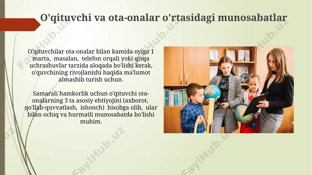 muloqotning 2 ta muhim jihati – o‘qituvchining empatiyasi va o‘z-o‘zini boshqarish ko‘nikmalari, bu o‘quv jarayonida hamkorlik va o‘zaro hurmat muhitini yaratishga yordam beradi. o‘qituvchi professional standartlarga, ya’ni 5 ta asosiy komponent – bilim, ko‘nikma, malaka, axloq va javobgarlikka rioya qilishi, shuningdek, o‘z faoliyatida adolatlilik va ob’ektivlikni ta’minlashi zarur. inklyuziv ta'lim va axloqiy mas'uliyat inklyuziv ta'limda o'quvchilarning intellektual, ijtimoiy-emotsional rivojlanishiga 10% dan ortiq yaxshilanish kuzatilishi axloqiy jihatdan yuksak natija hisoblanadi. inklyuziv ta'limda kamida 3 ta turli o'quv uslubini qo'llash, har bir o'quvchining individual ehtiyojlarini inobatga olgan holda, axloqiy mas'uliyatning muhim jihati hisoblanadi. o'quvchilarga hurmat va adolat o'quvchilarning shaxsiy hayotiga hurmat bilan munosabatda bo'lish, ularning sirlarini saqlash va ularning fikrlarini kamida 2ta yo'l orqali (masalan, individual suhbat yoki yozma fikr so'rov) olish, o'zaro ishonch va hurmat muhitini yaratadi. o'quvchilarning individual farqlarini, masalan, 3 ta o'quv uslubi (vizual, auditoriy, kinestetik) va 5 ta turli aql darajasini hisobga olgan holda adolatli baholash va imkoniyatlarni …