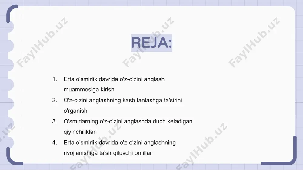 maslahatchilar o'smirlarga o'z-o'zini kashf etishning ushbu muhim bosqichida yordam berish uchun yordam va ko'rsatmalar berishlari muhimdir. erta o'smirlik davrida o'z-o'zini anglashning rivojlanishiga ta'sir qiluvchi omillar erta o'smirlik davrida o'z-o'zini anglash va kasb tanlash turli omillar ta'sirida murakkab mavzulardir. ushbu bosqichda odamlar o'zlarining kimligini va kelajakda nima qilishni xohlashlarini his qilishni boshlaydilar. o'z-o'zini anglashni shakllantirishda oilaning kelib chiqishi, ijtimoiy umidlar va shaxsiy manfaatlar kabi omillar hal qiluvchi rol o'ynaydi. bu omillar insonning kuchli tomonlari, zaif tomonlari va martaba intilishlari haqida aniq tushunchaning rivojlanishiga to‘sqinlik qilishi yoki yordam berishi mumkin. ota-onalar, o'qituvchilar va maslahatchilar o'smirlarga turli xil variantlarni o'rganishda va ularning kelajagi haqida ongli qarorlar qabul qilishda yordam berishlari juda muhimdir. yo'l-yo'riq va resurslarni taqdim etish orqali biz yosh shaxslarga o'z-o'zini anglash va kasb tanlash bilan bog'liq muammolarni samarali hal qilishda yordam bera olamiz. o'z-o'zini anglash va kasb tanlashda ota-onalarning roli erta o'smirlik - o'z-o'zini anglash va kasb tanlash uchun hal qiluvchi …