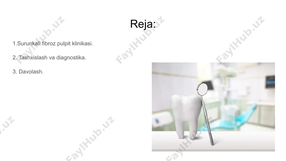 hi; karies va boshqa tish kasalliklarini sifatsiz davolash; tishlarni davolash paytida ishlatiladigan kimyoviy moddalar tomonidan kuyish mumkin. surunkali fibroz pulpitning belgilari qoida tariqasida fibroz pulpitda aniq simptomlar mavjud emas. ko'pincha, bemorlar tishning og'irligi, harorat o'zgarganda og'riqli og'riqlar haqida shikoyat qiladilar. masalan, sovuqda iliq xonani tark etsangiz, sovuq havoni yutsangiz yoki juda sovuq yoki juda issiq ovqat iste'mol qilsangiz paydo bo'lishi mumkin.shuningdek, ushbu kasallik qattiq ovqatni chaynayotganda og'riq va noqulay nafas bilan xarakterlanadi. diagnostika jarayonida fibroz pulpitni simptomatikasiga o'xshash boshqa kasalliklardan ajratish muhimdir. chuqur karies fibroz pulpitdan farqli o'laroq, bu harorat yoki mexanik ta'sir tugagandan so'ng darhol yo'qoladigan qisqa muddatli og'riqlar bilan tavsiflanadi. gipertrofik pulpit. bu o'z-o'zidan hech qanday sababsiz paydo bo'ladigan uzoq muddatli og'riq bilan tavsiflanadi. tekshiruvda bemor og'riqni his qiladi, qon ketishi mumkin. surunkali gangrenoz pulpit. ushbu kasallik nafaqat yomon nafas bilan, balki tekshiruvda topilgan pulpaning keng ta'sirlanishi bilan ham ajralib turadi. surunkali periodontit. ushbu kasallikka chalingan bemor juda …