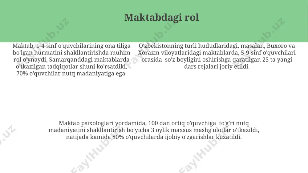 ta turli tilning asosiy so'zlari va iboralarini o'rganish, o'quvchilarning tilga bo'lgan hurmatini shakllantirishda muhim rol o'ynaydi. 7 yoshdan 10 yoshgacha bo'lgan bolalar uchun o'yinlar orqali (masalan, "so'z topishmoqlar" yoki rolli o'yinlar) ingliz va rus tillarida so'z boyligini kengaytirish, madaniy sezgirlikni oshirishga yordam beradi. e'tiboringiz uchun rahmat @taqdimot_robot