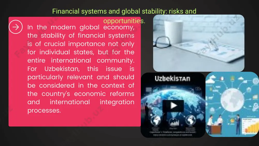 potential. furthermore, uzbekistan's position as one of the regional financial centers is strengthened, and this increases the country's geopolitical significance. 7 the most important step on uzbekistan's path to achieving financial system stability should be a gradual and balanced approach. 1.it is necessary that financial liberalization processes be conducted under control, 2.macroeconomic stability be maintained, 3.and the independence of national financial institutions be ensured. 8 "statistical indicators table: uzbekistan financial system stability (2024)" sources: central bank of the republic of uzbekistan financial stability report, 2024 state committee on statistics of the republic of uzbekistan data, 2024 ministry of economy and finance reports, 2024 european bank for reconstruction and development (ebrd) statistics un sustainable development goals index, 2025 9 conclusion in conclusion, the relationship between financial systems and global stability brings both opportunities and challenges for uzbekistan. the country's success depends on a balanced approach that consists of strengthening the domestic …