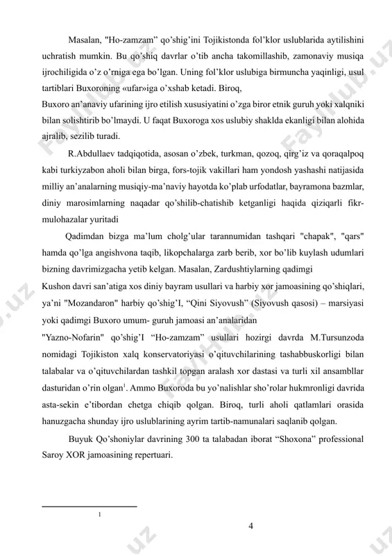bordan chetga chiqib qolgan. biroq, turli aholi qatlamlari orasida hanuzgacha shunday ijro uslublarining ayrim tartib-namunalari saqlanib qolgan. [1: ] buyuk qo’shoniylar davrining 300 ta talabadan iborat “shoxona” professional saroy xor jamoasining repertuari. buxoro “dabiriston” maktabi er.avv.470 yil misollar: ho-zamzam o’lcho v lar temp (tezlik) lar m/m dinamik belgilar talqin etilishlar 1] 6/4 2] 4/4 3] 2/4 1] m:m = 60-80 2] m:m = 120 3] m:m = 140 f sf2>f sf2 fff 1]orombaxsh. 2]quvnoq, jo’shqin, 3]zavqona raqsbop usul lar: ushbu xor jamoasi 21 ta madhiyani yoddan bilgan, qaysi talaba 21 ta madxiyadan birini aytaolmasa, unda shu zahot talabalik safidan chetlashtirilib, saroydan haydalgan. zero maxsus xor faqat siyovush va podshohlarga bo’y sunib kelgan va saroydan tashqariga konsert qo’yish yo xizmat qilish uchun podshohning ruxsatigina amalga oshirilgan. saroydan yashirincha chiqib tumnat qilganlar esa shu zahot boshidan qatl etilgan. mozandaron harbiy qo’shig’i o’lcho vlar temp (tez-lik) lar. m/m dinamik belgilar talqin etilishlar 4/4 …