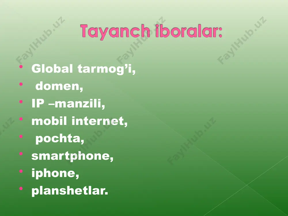 orat. mobil qurilmalarning yirik global ishlab chiqaruvchilariga quyidagilarni misol qilishimiz mumkin: apple, samsung, huawei, xiaomi, sony, google, htc, lg, tcl, motorola mobility va nokia. mobil qurilmalarning xususiyatlari. qurilmaning foydalanish imkoniyatidan kelib chiqib, quyidagi fikrlarni bildirish mumkin. - qurilmaning o‘lchamlari va vazni - uni qanday boshqa qurilmalariga bog‘lash mumkin - qurilmalar xost bilan qanday aloqa o‘rnatadi - mobil qurilmalarda sensorli harakatlanish sodir bo‘la olish mobil telefon – mobil aloqada foydalaniladigan telefon apparati turi. mobil telefon klaviatura va ekranga ega bo‘lib hozirgi kunda asta-sekin kompyuter, faks apparati, telefon apparati, qaydlar kitobchasi vazifalarini bajaruvchi ko‘p maqsadli abonent tizimiga aylanmoqda. mobil aloqa muhiti– tayanch stantsiyalar va bir guruh abonentlar tizimidan iborat bo‘lib, abonentlarning bir-birlari bilan o‘zaro axborot almashinuvini ta’minlovchi texnik vositalar majmuasi. mobil aloqa tizimida barcha ma’lumotlar mobil telefon orqali elektromagnit to‘lqinlari ko‘rinishida simsiz havo orqali uzatiladi. mobil aloqa xizmati operatorlari – abonentlar (mijozlar) uchun mobil aloqa xizmatlarini taklif qiluvchi tashkilotdir. operatorlar vazifasiga radio …