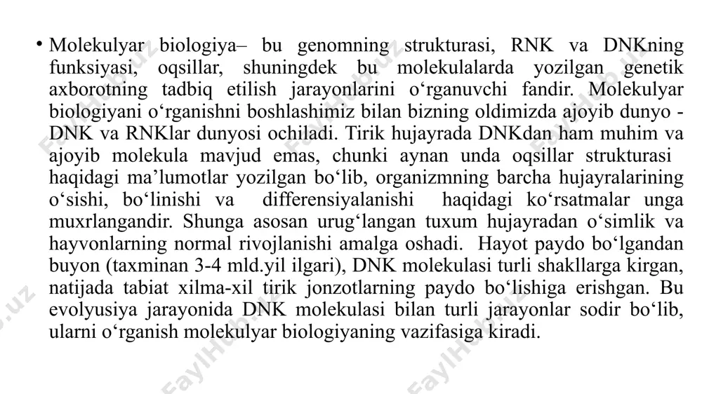 lbryuk va salvador luriya nuklein kislota va oqsil kompleksi bo‘lgan faglar va viruslar reproduksiyasini o‘rganish bilan shug‘ullanganlar. 1940y. djordj bidl va eduard tatum “bir gen-bir ferment” degan gipotezani oldinga surgan. ammo genning fizik-kimyoviy tabiatini o‘zlari hali bilishmas edi. 2. ikkinchi romantik davr 1944-1953y. dnkning genetik roli aniqlandi. 1953 y. dnkning ikkilamchi spiral modeli kashf etildi. bu kashfiyotlari uchun djeyms uotson, frensis krik i moris uilkinslar nobel mukofotiga sazovor bo‘lishdi. 1951yilda chargaff qoidasining ochilishi. 3. dogmatik davr 1953-1962y. molekular biologiyaning markaziy dogmasi shakllandi : genetik axborotni quyidagi yo‘nalishda boradi dnkàrnkàoqsil 1962 y. genetik kod o‘qildi. 4. akademik davr 1962 yildan xozirgi kunga qadar 1974 yilda gen-muxandislik davri deb belgilanadi. asosiy kashfiyotlar 1944y. dnkning genetik roli tasdiqlandi. osvald eyveri, kolin mak-leod, maklin mak-karti 1953y. dnk strukturasi aniqlandi. djeyms uotson, frensis krik 1961y. fermentlar sintezining genetik boshqarilishi aniqlandi. andre lvov, fransua jakob, jak mono 1962y. genetik kod o‘qildi. nirnberg, genrix mattei, severo ochoa …