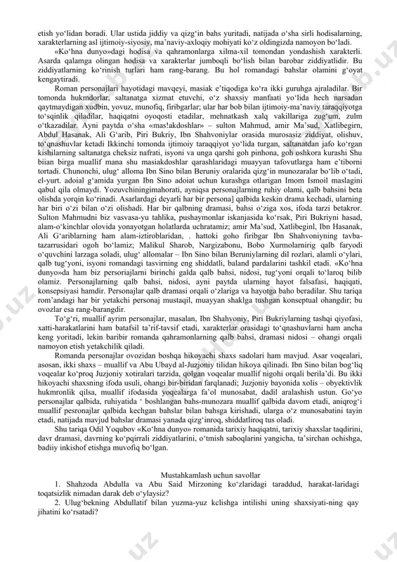 ndaydi sizni. ro‘y bergan adolatsizlik ikki buyuk allomada ikki xil taassurot qoldiradi. charxi kajraftorining ‘xilma-xil o‘yinlarini, jabr-u sitamlarini ko‘p ko‘rgan ibn sino bu telba dunyoning mudhish nayranglariga go‘yo beparvodek qaraydi. beruniy esa g‘azab, afsus-nadomatlardan o‘zini qo‘yarga joy topolmaydi. bu xildagi ziddiyatli holat ham hodisaning dramasini yanada keskinlashtiradi, bahs ruhini kuchaytiradi. ibn sino bilan,ustoz beruniyning g‘aznadagi uchrashuvi, beruniy xonadonidagi muloqotlar, ko‘ngil rozlari, ilm-fan, tabiat, koinot va jamiyat haqidagi bahslar ifodasi romanning eng jozibali, huzurbaxsh sahifalarini tashkil etadi. bir vaqtlar ustoz beruniy bilan shogird ibn sino orasida jiddiy ilmiy tortishuvlar bo‘lgan, ustoz shogirdning ayrim qarashlarini keskin tanqid ostiga olgan, bunda ba’zan adolatsizliklarga ham yo‘l qo‘ygan mana endi o‘sha bahslarga yakun yasash, oydinlik kiiitish, ko‘ngildagi g‘uborlarni ko‘tarish, umuman ikki alloma hayotida tutgan yo‘1, umr saboqlarini sarhisob etish, qarashlarni muvofiqlashtirish payti keladi. shunisi muhimki, ikki alloma orasida qizg‘in munozaralar, tanlangan yo‘llarda, qarashlarda ayrim farqlar yuz bergan bo‘lishiga qaramay, ular aslida bir maslakdagi shaxs-siymolardir. asarni …