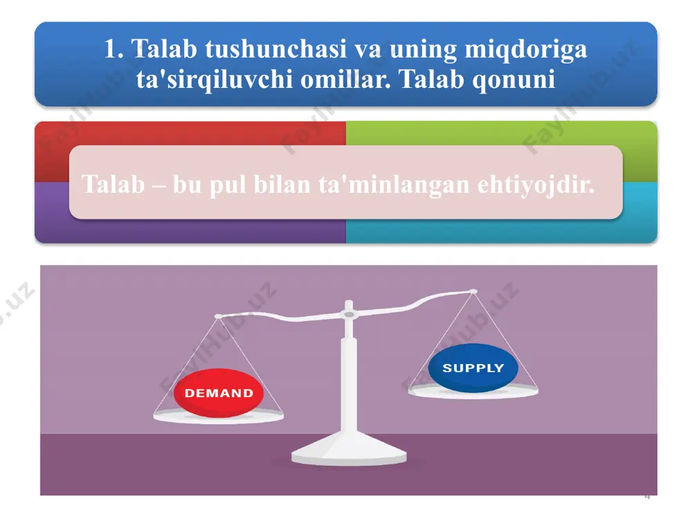 an turdagi ehtiyojni bir qator tovarlar bilan qondirish imkoniyati mavjud bo'ladi. 2. vaqt omili. qaror qabul qilish uchun vaqt oralig'i qancha uzoq bo'lsa, mahsulotga talab shuncha egiluvchan bo'ladi. 3. mahsulotlarning iste'mol xususiyatlari. zeb-ziynat buyumlariga talab odatda egiluvchan, hayotiy zarur buyumlarga esa talab noegiluvchan hisoblanadi. 4. tovar qiymatining iste'molchi daromadidagi salmog’i iste'molchi daromadida tovar qiymati qanchalik katta o'rinni egallasa, unga talab shunchalik yuqori egiluvchan bo'ladi. 21 iste'molchi daromadining bir foizga o'zgarishi talabning necha foizga o'zgarishini ifodalovchi ko'rsatkich talabning daromad bo'yicha egiluvchanligi ko'rsatkichi deyiladi va quyidagi formula yordamida aniqlanadi: bu yerda: q – talab miqdorining foizli o'zgarishi; д – daromadning foizli o'zgarishi. 22 bu yerda: р – narxlarning foizli o'zgarishi.. q – taklif miqdorining foizli o'zgarishi; taklif hajmiga ta'sir qiluvchi boshqa omillar o'zgarmay qolgan sharoitda, narxning bir foizga o'zgarishi taklifning necha foizga o'zgarishini ifodalovchi ko'rsatkich taklifning narx bo'yicha egiluvchanligi ko'rsatkichi deyiladi. bu ko'rsatkich ko'pincha oddiy qilib taklifning egiluvchanligi deb ham ataladi 23 …