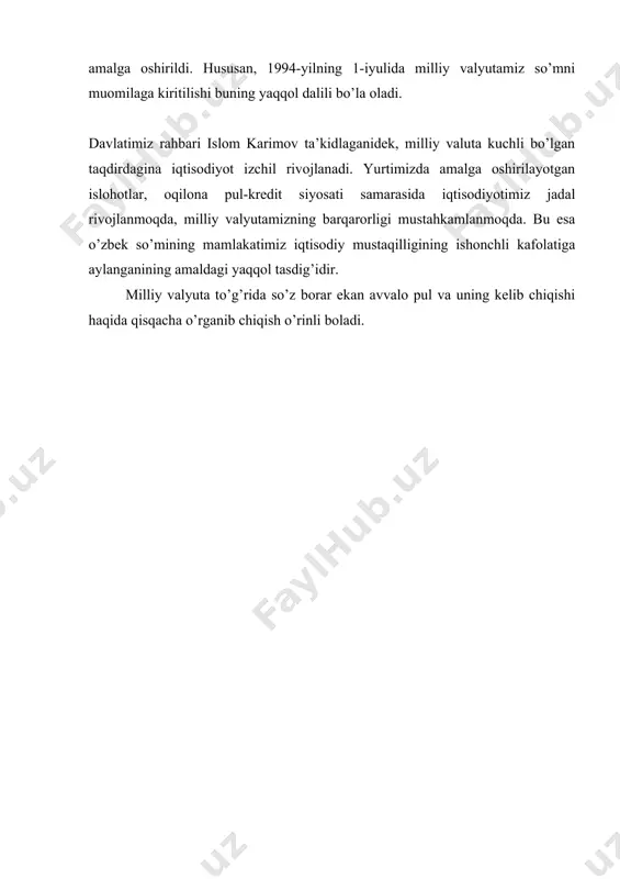 metall pullar bulib, bunda kumush va oltin yetakchilik qilgan. aytaylik, buyuk britaniya pul birligi funt sterlingning ma`nosi bir funt kumushni anglatadi. rossiya pul birligi rubl kumushning bo’lagi, bo’lingan qismi ma`nosini bildiradi. dollar va taller ham "tahler", ya`ni katta kumush tangalar degan ma`noni beradi. pulning eng keyingi ko’rinishi qog’oz pullar bulib, buning ham tarixi katta. bundan oldin monetalar yuzaga keladi. bu metall pullar bo’lagi bo’lib, mis, bronza, kumush, oltin monetalar bosilib chiqarilgan. moneta so’zi yunonlarning monastir nomidan kelib chiqib, bunda tangalar yasalgan. moneta tangalar barcha mamlakatlarga tarqalib ketgan. — monetaning paydo bo’lishi savdoda mayda pul zarurligidan kelib chikadi. moneta — ogirligi belgilangan, kadri muhrlangan metall bo’lagidir. har bir mamlakat o’zining puliga egadir. chunonchi, dollar, funt sterling bir necha mamlakatlarning puli bo’lib xizmat qiladi. lekin ularning qadri-qiymati bir xil emas. aqsh, kanada, avstraliya dollarining qiymat miqdori farqlanadi. shuningdek, o’zbekiston va qirg’iziston so’mlari ham bir xil emas. pul birliklari paydo bo’lganda ma`lum miqdorga …
