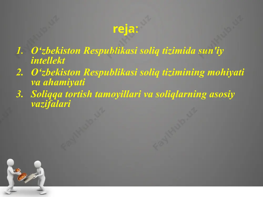 oliqlar bo'lishi kerak. buning uchun ular respublika iqtisodiyoti xususiyatlarini to'liq ifoda eta oladigan ilmiy asoslangan bo'lishi kerak. soliqlar faqat davlatniki bo'lganidan ular markazlashgan pul fondiga (byudjetga) tushadi. boshqa fondlarga tushmasligi kerak. bizning respublikamizda xamma soliqlar umumiy fondiga tushadi. undan davlat asosan ijtimioy ximoya va boshqa ijtimoiy zaruriy maqsadlarda foydalanadi. soliqlarning moxiyatini ochishda ularning eng avvalo majburiy to'lovlar ekanligi ko'p iqtisodchilar tomonidan ko'rsatiladi. to'g'ri soliq munosabatlarida majburiylik mavjud, bu majburiylik demokratiyaning oliy timsoli bo'lmish parlament qarori, qonuni bilan kiritiladi, davlatning qattiq talabi e’tiboriga olinadi. soliq moxiyatini ochishda esa soliqchi va soliq to'lovchilar o'rtasidagi obyektiv pul munosabatlarini xarakatini o’rganish bilan amalga oshiriladi. soliqlar xamma pul munosabatlarini emas, balki soliq obyektlari bo'lmish daromad, qiymatni taqsimlash, qayta taqsimlashdagi pul munosabatlarini bildiradi. iqtisodchi olimlar davlat soliq tizimining uchta turini ajratib ko`rsatadilar: uchinchi turi - soliq solishning yetarlicha yuqori darajada bo`lishini ko`zda tutadigan soliq siyosati, lekin bunda ijtimoiy himoya ham yetarli bo`ladi. ikkinchi turi – oqilona …