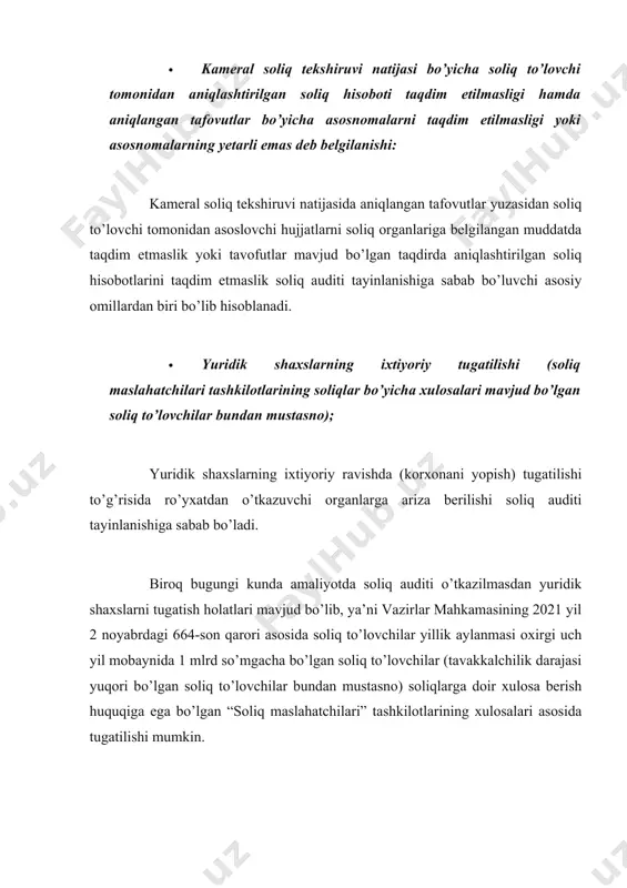 r bilan ta’minlanmaganligi, ishlarni bajarish uchun soliq hisobotlarida zarur xarajatlarning aks etmasligi, bitta ob’ektda qurilish ishlarini olib boruvchi shaxslarning o’zaro bog’liqligi, qurilish ishlarini amalga oshiruvchi yangi tashkil etilgan soliq to’lovchining bankdagi hisobvarag’iga yirik miqdordagi mablag’ kelib tushushi, xom ashyo va materiallarni sotib olish uchun ajratilgan mablag’larning qurilish hajmiga nisbatan nomutanosibligi, tugallangan qurilish ob’ektlarining tannarxiga yaqin narxlarda sotilishi, markazlashtirilgan manbalar hisobidan moliyalashtiriladigan qurilish ob’ektlarida xarajatlarning to’laqonli aks ettirilmaganligi. soliq to’lovchining soliq xavfi darajasi soliq xavfini boshqarish tizimi asosida olti oyda bir marta aniqlanadi. soliq xavfi darajasi yuqori bo’lmagan soliq to’lovchilar tomonidan o’ttiz kalendarь kundan ortiq soliq qarzdorligi to’lanmagan taqdirda soliq xavfi darajasi har chorakda bir marta aniqlanishi belgilangan. shu o’rnida tavsiya sifatida eslatib o’tamizki, bugungi kunda hech qanday soliq to’lovchi soliq xavflaridan holi emas, lekin bu degani soliq xavfi yuqori bo’lgan soliq to’lovchilarga albatta qo’shimcha soliq hisoblanadi yoki jarimalar qo’llaniladi degani emas, balki soliq xavfi yuzaga kelgan vaziyat bo’yicha tushuntirishlar va …