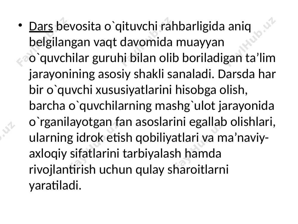 ishlari olib boriladi, uchinchi holda – unisi ham bunisidan ham foydalaniladi. yangi material bilan tanishish darsining tuzilishi: yangi materialni o`rganish uchun asos bo`lgan avvalgi materialni takrorlash. o`qituvchining yangi materialni va darslik bilan ishlashni tushuntirishi, bilimlarni tushunishlarini tekshirish va dastlabki mustahkamlash, uyga vazifa berish. bilimlarni mustahkamlash darslarida o`quv ishining asosiy mazmuni ilgari o`zlashtirilgan bilimlarni mustahkam o`zlashtirish maqsadida ularni ikkinchi bor tushunib olish hisoblanadi. o`quvchilar o`z bilimlarini yangi manbalar bo`ycha anglab oladilar va chuqurlashtiradilar yoki ularga ma’lum bo`lgan qoidaga yangi masalalar yechadilar, ilgari olgan bilimlarini og`zaki va yozma takrorlaydilar yoki ilgari o`rganganlarini yanada chuqurroq va mustahkam o`zlashtirish maqsadida ulardan alohida masalalar bo`ycha axborot beradilar. tuzilishi bo`ycha bunday darslar quyidagi bosqchlardan o`tishni ko`zda tutadi: uy vazifasini tekshirish, og`zaki va yozma mashqlarni bajarish, topshiriqni bajarishni tekshirish, uyga vazifa berish. ko`nikma va malakalarni ishlab chiqish va mustahkamlash darslari bilimlarni mustahkamlash darslari bilan bog`liqdir. bu jarayon bir necha maxsus darslar jarayonida amalga oshiriladi. boshqa darslarda yangi …