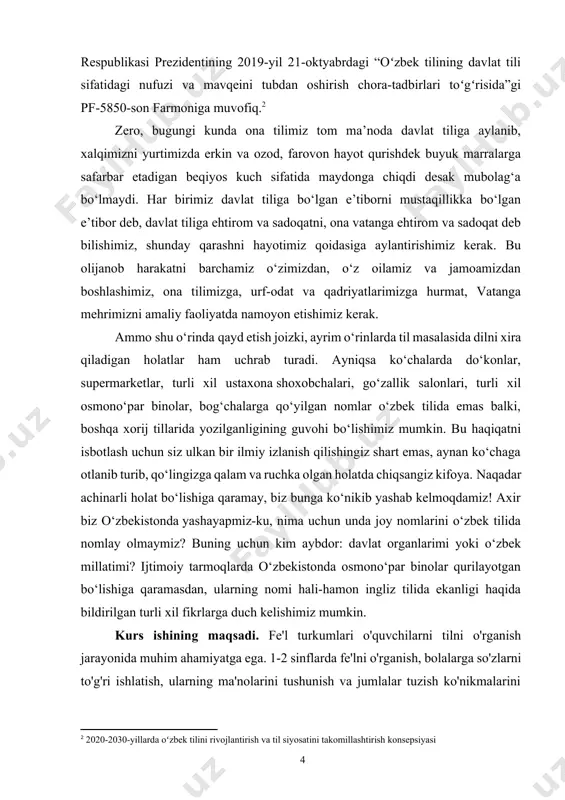 at tiliga bo‘lgan e’tiborni mustaqillikka bo‘lgan e’tibor deb, davlat tiliga ehtirom va sadoqatni, ona vatanga ehtirom va sadoqat deb bilishimiz, shunday qarashni hayotimiz qoidasiga aylantirishimiz kerak. bu olijanob harakatni barchamiz o‘zimizdan, o‘z oilamiz va jamoamizdan boshlashimiz, ona tilimizga, urf-odat va qadriyatlarimizga hurmat, vatanga mehrimizni amaliy faoliyatda namoyon etishimiz kerak. ammo shu o‘rinda qayd etish joizki, ayrim o‘rinlarda til masalasida dilni xira qiladigan holatlar ham uchrab turadi. ayniqsa ko‘chalarda do‘konlar, supermarketlar, turli xil ustaxona shoxobchalari, go‘zallik salonlari, turli xil osmono‘par binolar, bog‘chalarga qo‘yilgan nomlar o‘zbek tilida emas balki, boshqa xorij tillarida yozilganligining guvohi bo‘lishimiz mumkin. bu haqiqatni isbotlash uchun siz ulkan bir ilmiy izlanish qilishingiz shart emas, aynan ko‘chaga otlanib turib, qo‘lingizga qalam va ruchka olgan holatda chiqsangiz kifoya. naqadar achinarli holat bo‘lishiga qaramay, biz bunga ko‘nikib yashab kelmoqdamiz! axir biz o‘zbekistonda yashayapmiz-ku, nima uchun unda joy nomlarini o‘zbek tilida nomlay olmaymiz? buning uchun kim aybdor: davlat organlarimi yoki o‘zbek millatimi? …