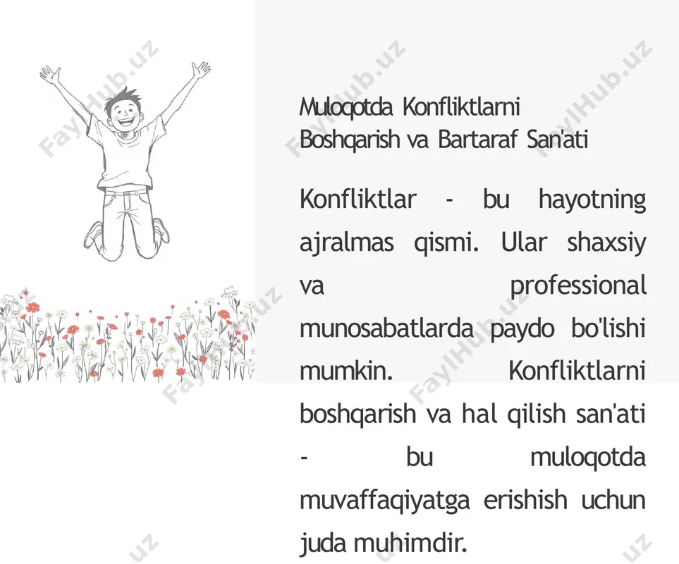 ng o‘zini tutish xususiyatlariga nisbat beriladi. biz ishlab chiqilgan hamda konfliktologiya nazariyasida keng qo‘llaniladigan konfliktlarni boshqarishning «jonivor» usullarni ko‘rib chiqamiz. sizning vazifangiz - o‘z xarakteringiz ta’kidlangan usullardan qaysi bir usulga ko‘proq to‘g‘ri va mos kelishini aniqlashdan iborat moslashish va ko‘nikiksh usulidagi odam o‘zini har doim biror voqelikka moslashga urinadi. favqulodda holatlarda ham o‘sha vaziyat va vaziyatni keltirib chiqargan insonlar bilan kelishish yo‘lidan boradi. siz boshqa odamga har doim o‘z roziligingizni ko‘rsatishga harakat qilasiz, chunki bu yo‘l konfliktdan qochish, ochiqdan – ochiq qarshilik ko‘rsatmaslik, undan o‘zini chekkaga olish, konfliktda faol ishtirok etmaslik imkoniyatini yaratadi. siz konflikt vaziyatning o‘zidan qo‘rqasiz. moslashish va ko‘nikish usuli – «qo‘y» «siz nima desangiz ham, men siz bilan hamfikrman» «bu mening ishim emas» usuli – «straus» siz konfliktning yechimini qidirish o‘rniga undan qochasiz, ammo bu qochish “qo‘y” usulidan farq qiladi. agar “qo‘y” usuli konflikt mavjudligini tan olsa, siz “konflikt – yo‘q” deb turib olasiz. ya’ni siz umuman …
