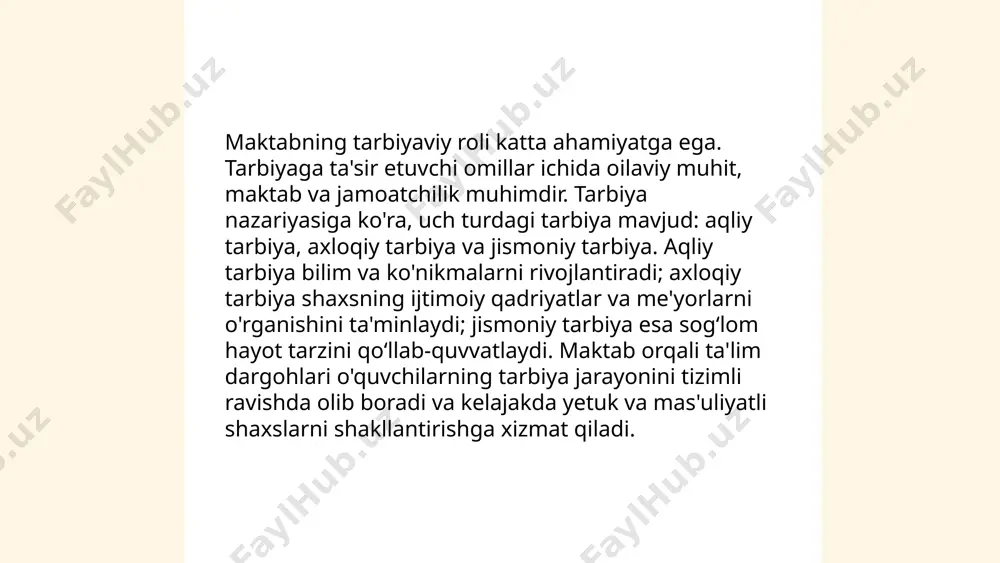 omillardir. tarbiya nazariyasi uch asosiy ko'rinishda rivojlanadi: jismoniy tarbiya, aqliy tarbiya, va axloqiy tarbiya. jismoniy tarbiya inson salomatligini mustahkamlash va sport ko'nikmalarini rivojlantirishga qaratilgan. aqliy tarbiya bilish faoliyatini, axloqiy tarbiya esa ijtimoiy-axloqiy qadriyatlarni shakllantirishda muhim rol o'ynaydi. ushbu turdagi tarbiyalar bir-biri bilan chambarchas bog'liq bo'lib, har birining rivojlanishi boshqalarning samaradorligini oshiradi va shaxsning har tomonlama yetukligiga hissa qo'shadi. ... t.me/slaydai_bot 10. kitob va adabiyotning ta'siri kitob va adabiyotlar tarbiya jarayonida katta ahamiyatga ega. tarbiya nazariyasiga ko'ra, tarbiyaga ta'sir etuvchi omillar orasida kitob va adabiy asarlar alohida o‘rin tutadi. tarbiya nazariyasida uch asosiy tur ajratiladi: axloqiy tarbiya, aqliy tarbiya va jismoniy tarbiya. axloqiy tarbiyani shakllantirishda kitoblar axloqiy qadriyatlarni tushunishga yordam beradi. aqliy tarbiya kitobxonlik orqali kengayadi, bu bilim va tafakkurni o'stiradi. jismoniy tarbiyada adabiyotlar inson salomatligi va jismoniy faoliyat to'g'risida ma'lumot beradi. shu tarzda kitob va adabiyotlar tarbiyaning barcha yo'nalishlariga ijobiy ta'sir ko'rsatadi. ... t.me/slaydai_bot globallashuv va tarbiyaga ta'sir etuvchi omillar …