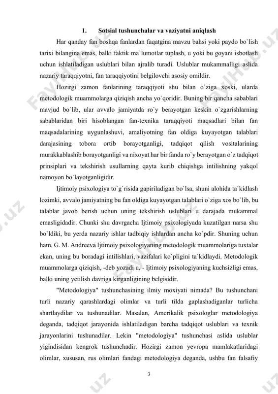 vropa mamlakatlaridagi olimlar, xususan, rus olimlari fandagi metodologiya deganda, ushbu fan falsafiy asoslari va nazariy qonuniyatlaridan kelib chiqadigan bilimlar bilan tekshirishning konkret usullari majmuasini tushunadilar. ya`ni, "metodologiya" tushunchasi "konkret metodlar" yoki texnik usullar tushunchalaridan kengrokdir. ijtimoiy psixologik tadqiqotlarning metodologik muammolariga quyidagilar kiradi. birinchidan, empirik ma`lumotlar muammosi, ya`ni kay turdagi ma`lumotlarni ijtimoiy psixologik ma`lumotlar sifatida kabo`l qilish mumkin. chunki, bixevioristlar bunday ma`lumotlar sifatida kuz bilan kurib qayd qiladiganlar xulq-atvor shakllarni kabo`l qilishsa, kognitiv psixologiya vaqillari faqat ongga taalluqli bo`lgan belgilarini tushunadilar. demak, har qanday tadqiqotchi ish boshlamay turib, avvalo nimani empirik birlik qilib olishini aniq tasavvur qilishi va uning nazariy jixatlari to`g`risida tasavvurga ega bo`lishi kerak. bundan tashkari, tadqiqot birligi aniqlangan takdirda, qanday xajmdagi birliklar tadqiqotchini kanoatlantirishi masalasi ham muhimdir. masalan, ijtimoiy psixologiya bo`yicha sof eksperimental ish qilinganda, ilgari sinalgan usul yerdamida cheklangan mikdoridagi kishilar yoki guruhda tadqiqot o`tkazish mumkin - bu eksperimental ma`lumotlar deyiladi. lekin, ba`zan tadqiqotchi ko`p sonli tekshiruvchilar …