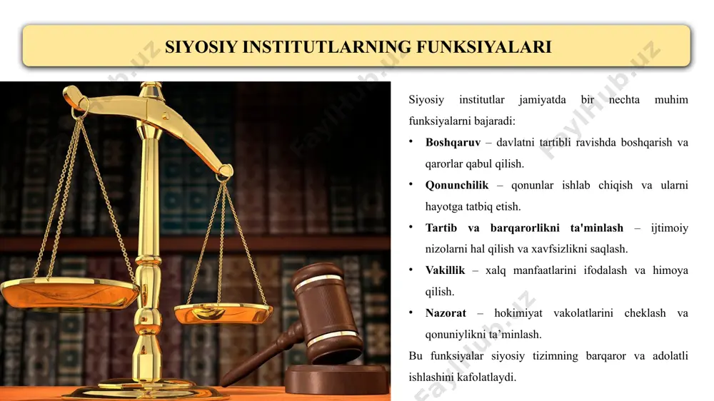 itutlar faoliyatining qonuniyligini tekshiradi. bu o‘zaro aloqalar davlat boshqaruvining izchil, qonuniy va demokratik bo‘lishini ta'minlaydi. shu bilan siyosiy institutlar bir-birining faoliyatini cheklab turuvchi va qo‘llab-quvvatlovchi tizimni tashkil etadi. parlament (oliy majlis) sud tizimi prezident siyosiy institutlarning demokratik nazorati siyosiy institutlar demokratik tizimda o'zaro nazorat va muvozanat mexanizmlari orqali faoliyat yuritadilar: qonun chiqaruvchi hokimiyat (parlament) ijro hokimiyatining faoliyatini nazorat qiladi, uning faoliyatini tekshiradi va cheklaydi. ijro hokimiyati (prezident va hukumat) qonun chiqaruvchi va sud hokimiyatining samarali ishlashini ta’minlash uchun qarorlar qabul qiladi. sud tizimi esa barcha hokimiyat tarmoqlarining faoliyatini qonuniyligini nazorat qilib, mustaqil ravishda ish ko'radi. bu nazorat tizimi davlat boshqaruvining ortiqcha kuchlanishini oldini olish va demokratik prinsiplarning hayotga tadbiqini ta'minlashda muhim rol o'ynaydi. siyosiy institutlarning jamiyatdagi roli siyosiy institutlar jamiyatdagi siyosiy barqarorlik, tinchlik va rivojlanish uchun muhim rol o'ynaydi: ijtimoiy barqarorlikni ta'minlash – siyosiy institutlar fuqarolarning huquq va erkinliklarini himoya qilib, ijtimoiy tartibni saqlashga yordam beradi. jamiyatning siyosiy faolligini oshirish …