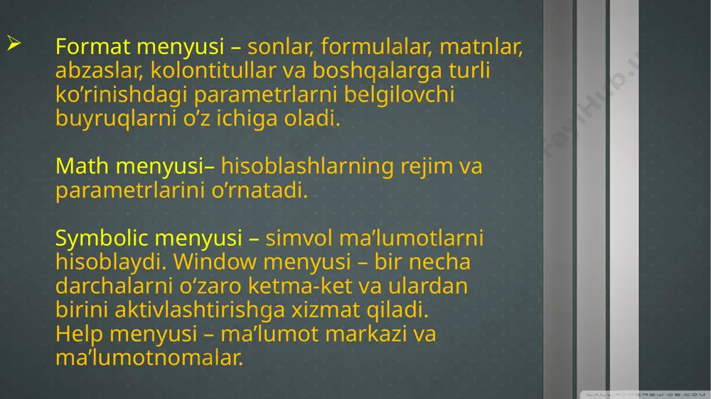 amaliy dasturlar yordamida muhandislik masalalarining matematik modellarini yaratish (matematika, maple, matlab, mathcad) - Page 5