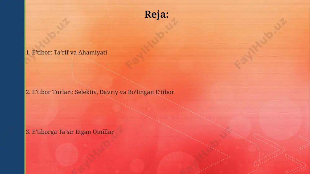 mini oshiradi. noixtiyoriy e’tibor ongning faol tanlov jarayonini aks ettirib, 3-5 sekund davom etadigan qisqa muddatli diqqatni o'z ichiga oladi va shu vaqt ichida ma'lumotlarni qayta ishlash tezligi yuqori bo'ladi. tashqi muhitdagi kutilmagan ovoz, yorqin nurlar kabi 1-2 ta kuchli stimullar noixtiyoriy e’tiborni tezkor jalb qiladi va odamning e'tiborini birdaniga o'ziga qaratadi, bu esa diqqatning tarqalishini oldini oladi. e’tibor nima? e’tibor – bu miyaning ma’lum bir obyekt yoki voqeaga selektiv ravishda fokuslanish qobiliyati boʻlib, 3 dan ortiq ma’lumot oqimini qayta ishlashda chegaralanishi bilan tavsiflanadi. e’tiborning ikkita asosiy turi – ixtiyoriy va ixtiyoriy boʻlmagan e’tibor mavjud boʻlib, ularning har biri turli neyrobiologik mexanizmlar bilan bogʻliq va 100 ms dan ortiq vaqt oraligʻida harakatlanishi mumkin. e’tiborning hajmi cheklangan boʻlib, odam bir vaqtning oʻzida taxminan 7 ± 2 birlik ma’lumotni ushlab turishi mumkin, bu esa kognitiv resurslarni samarali taqsimlashni talab qiladi. e’tibor turlari e’tiborning ikki asosiy turi – ixtiyoriy va ixtiyoriy bo’lmagan e’tibor …