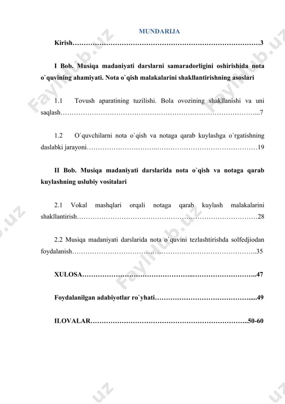 l-xorazmiy, al-farobiy, ibn sino, imom buxoriy, at-termiziy, ahmad yasavviy, ulug`bek, navoiy, bobur kabi siymolar, fanning barcha sohalarida ulkan tadqiqotlar yaratib, butun jahonni larzaga soldilar. “o`zbekistonning yorqin kelajagini ta`minlash uchun yosh avlodni ota-bobolarmizni yaratgan ma`naviy merosidan bahramant qilish siyosatimizning actual masalalaridan biridir.” i.a.karimov shaxsning har tomonlama komil inson bo`lib shakllanishida barcha fanlar qatori musiqaning alohida o`rni bor. musiqa shaxs ma`naviy barkamoligining tarkibiy qismlaridan biri sifatida namayon bo`ladi. musiqa sanatining yosh avlodga kuchliroq ta`sir ko`rsatishi faqat uni faol hamda chuqur idrok etishni emas, balki o`quvchilarning shu san`at bo`yicha dars jarayonida o`rganilayotgan vakal, solfedjio faoliyatlarini shakllantirish va rivojlantirishni taqozo etadi. madomiki shunday ekan, umumta`lim maktablarida olib borilayotgan musiqa darslarining mohiyatini bugungi kun musiqa-pedagogikasi nuqtai nazaridan o`zgartirish, darslarni yangi pedagogik tehnologiya asosida o`tish maqsadga molikdir. chunki bungi kun musiqa ta`limining eng muhim maqsadlaridan biri nazariy va amaliy jihatdan bilimli, ijodkor, qobilyatli yoshlarni tarbiyalab yetishtirishdir. o`quvchilarda yuqorida keltirilgan bilim va ko`nikmalarni shakllantirishda musiqa darslarida jamoa …